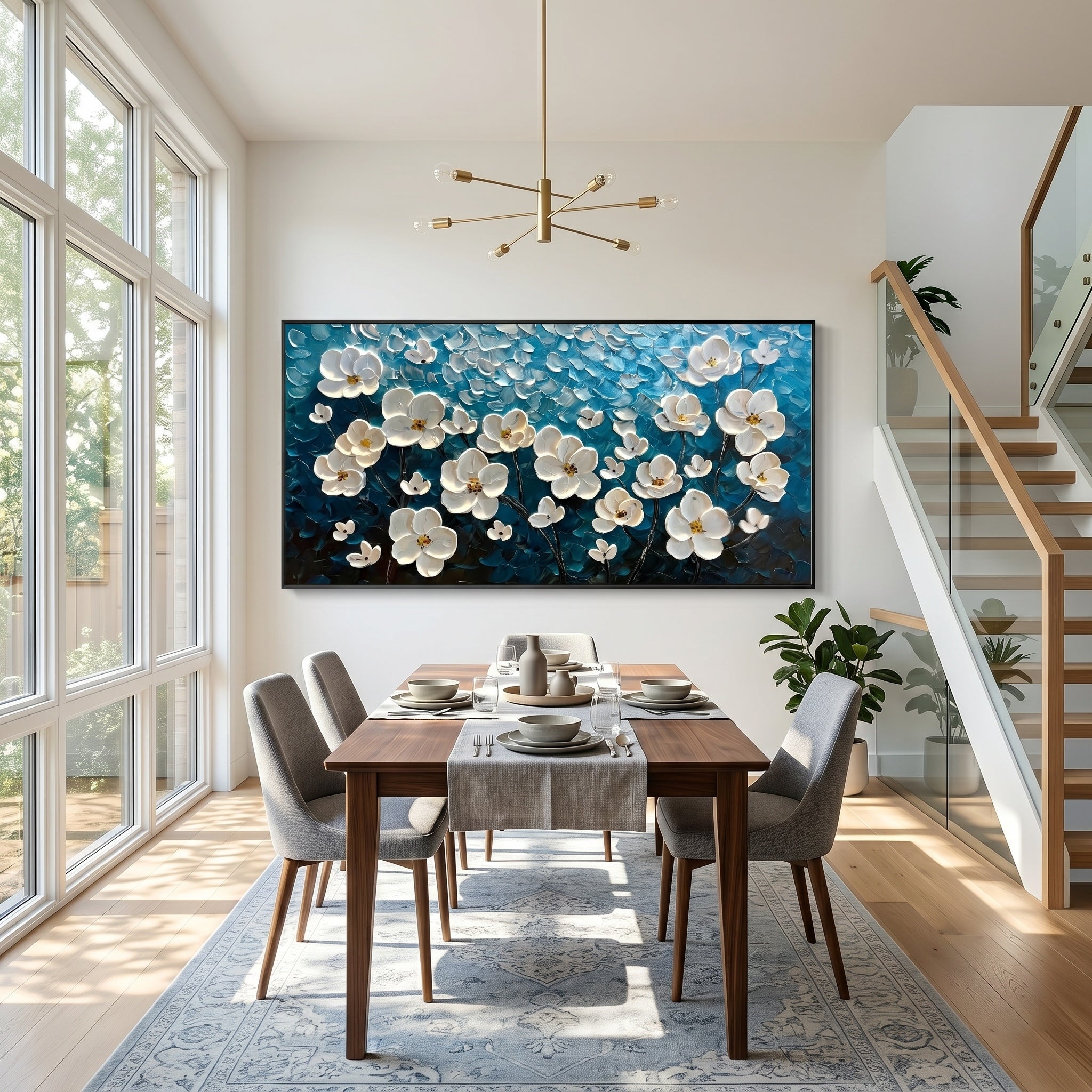 Lunar Serenity – Modern 3D Impasto Teal & White Floral | Minimalist Horizontal Living Room Wall Art
