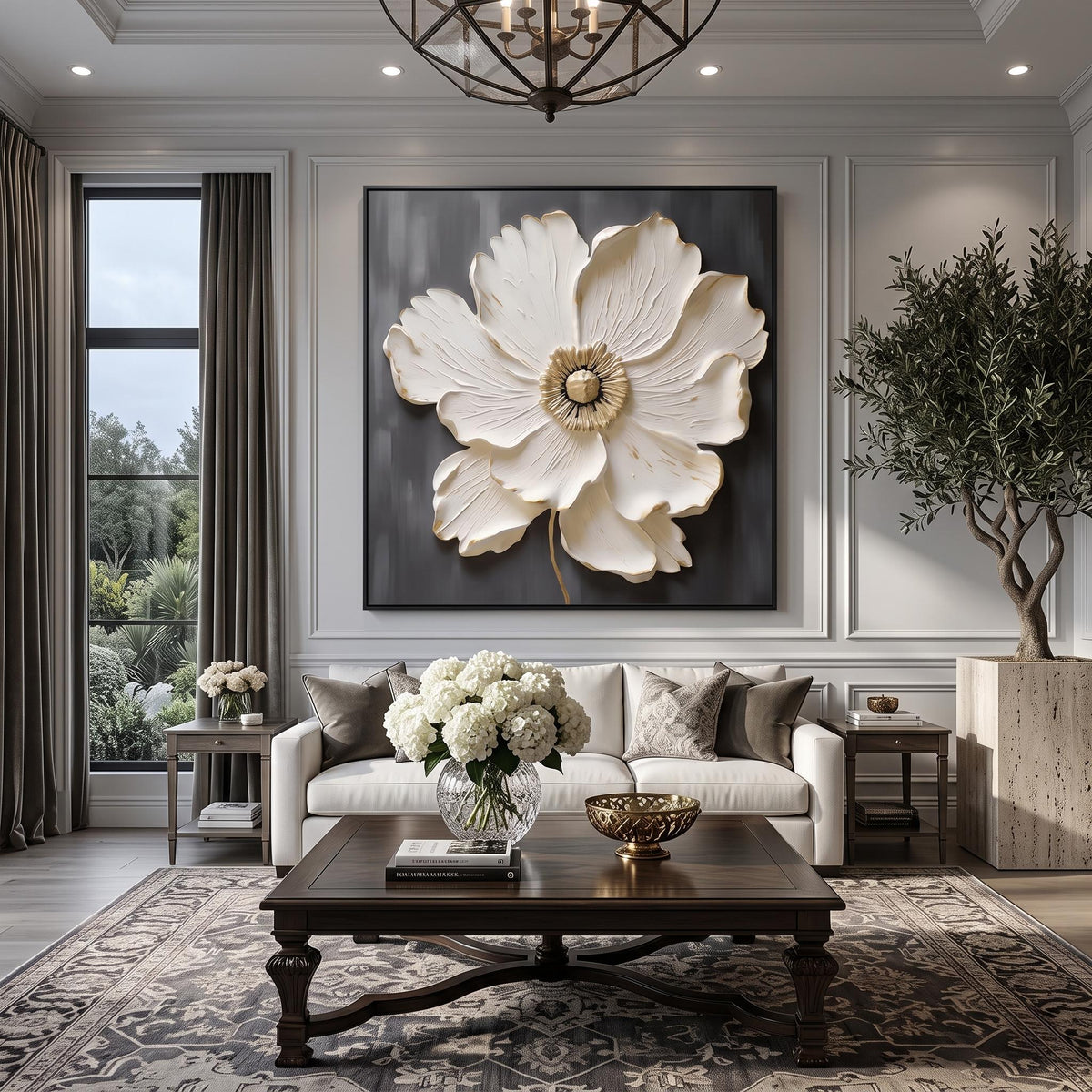Ivory Blossom Relief – White Gold Floral Painting | Textured Square Wall Art