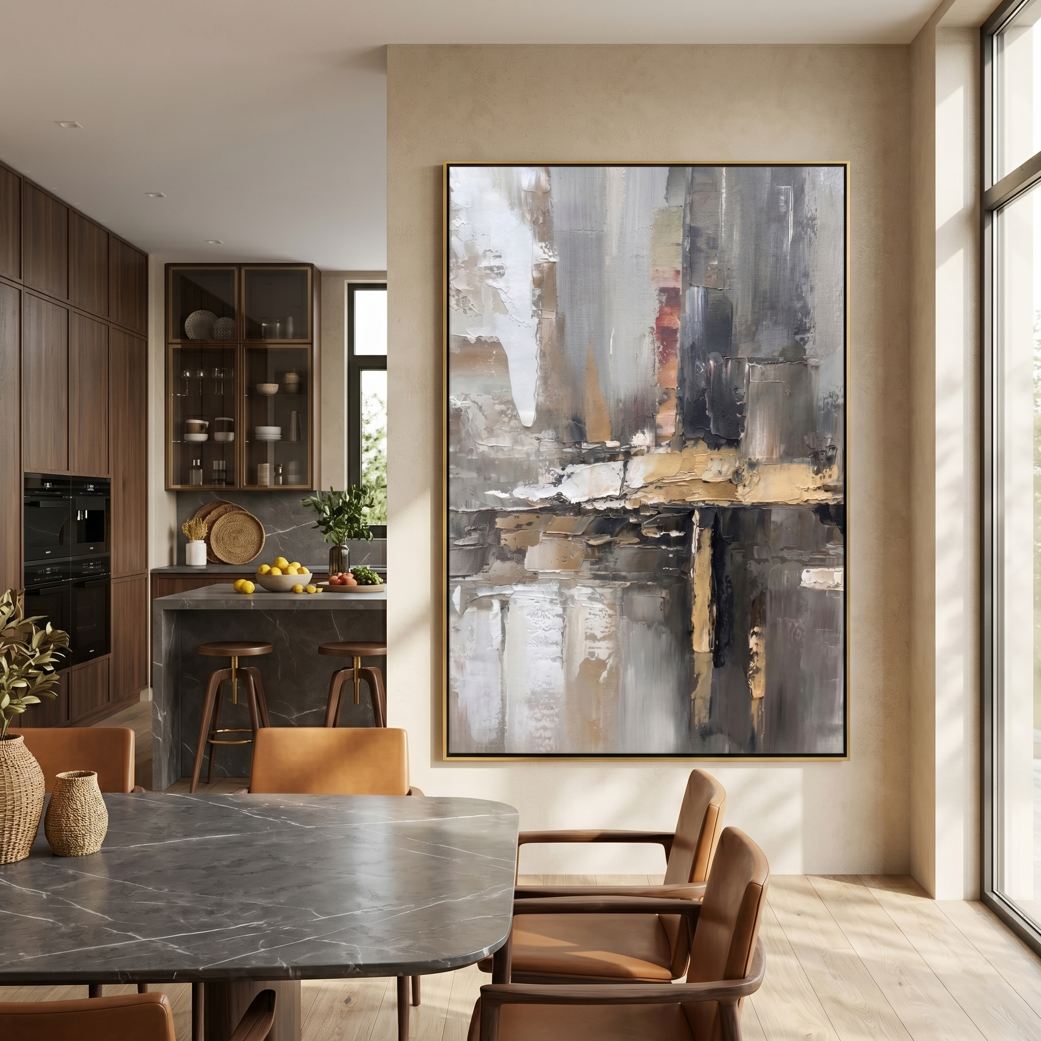 Urban Echo – Modern Industrial Abstract Oil Painting | Creative Bronze Textured Hallway Art