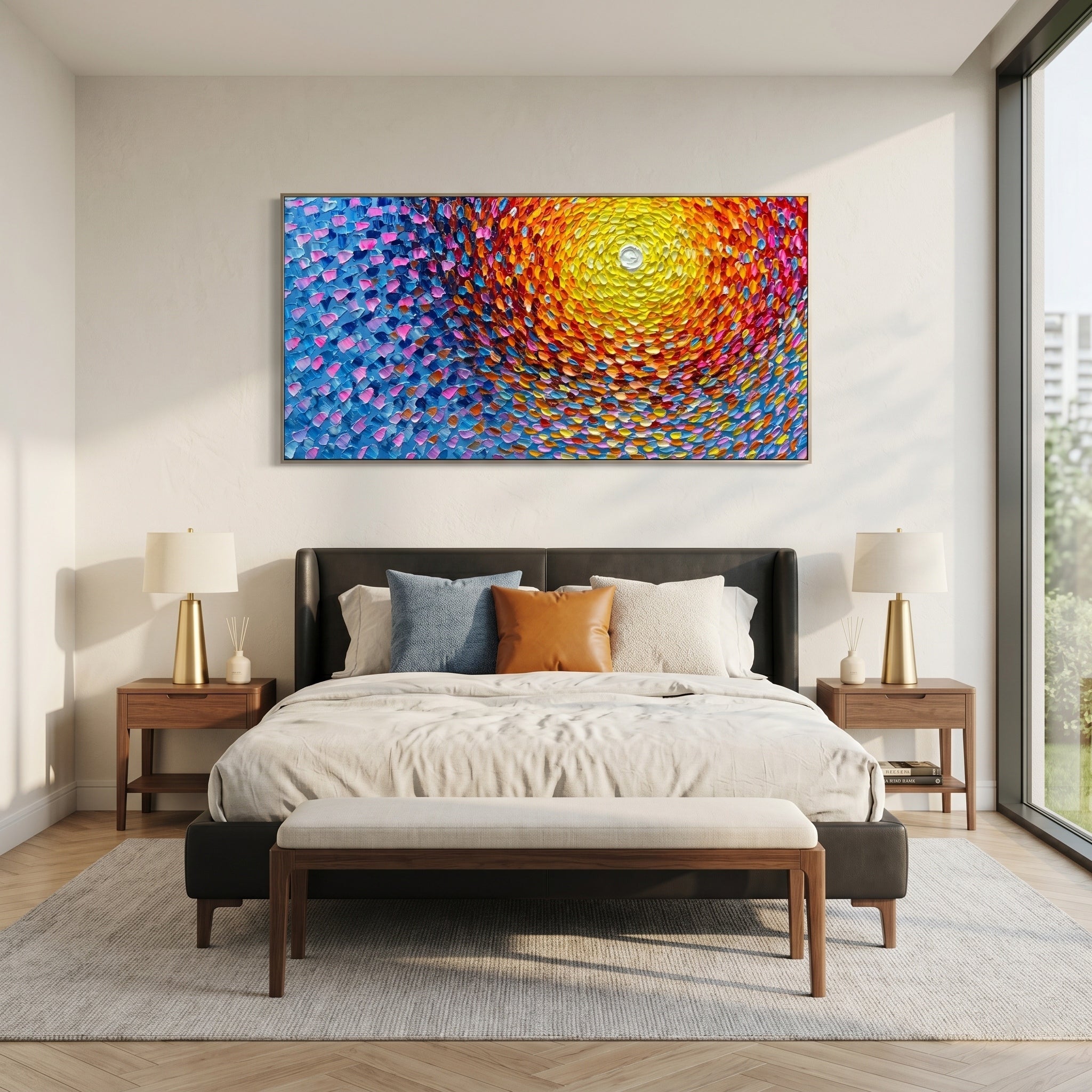 Light of Dawn – Abstract Pointillism Impasto Sunrise | Modern Warm-Cool Contrast Living Room Art