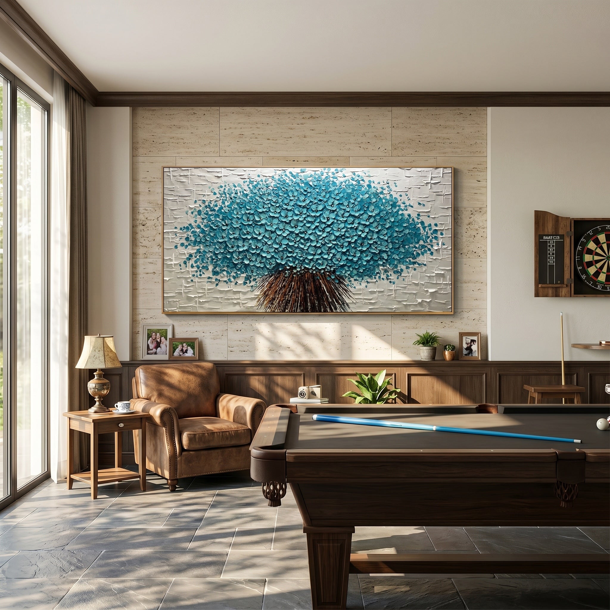 Cerulean Symphony – Modern Heavy Impasto Teal Bouquet | Sophisticated Horizontal Living Room Art