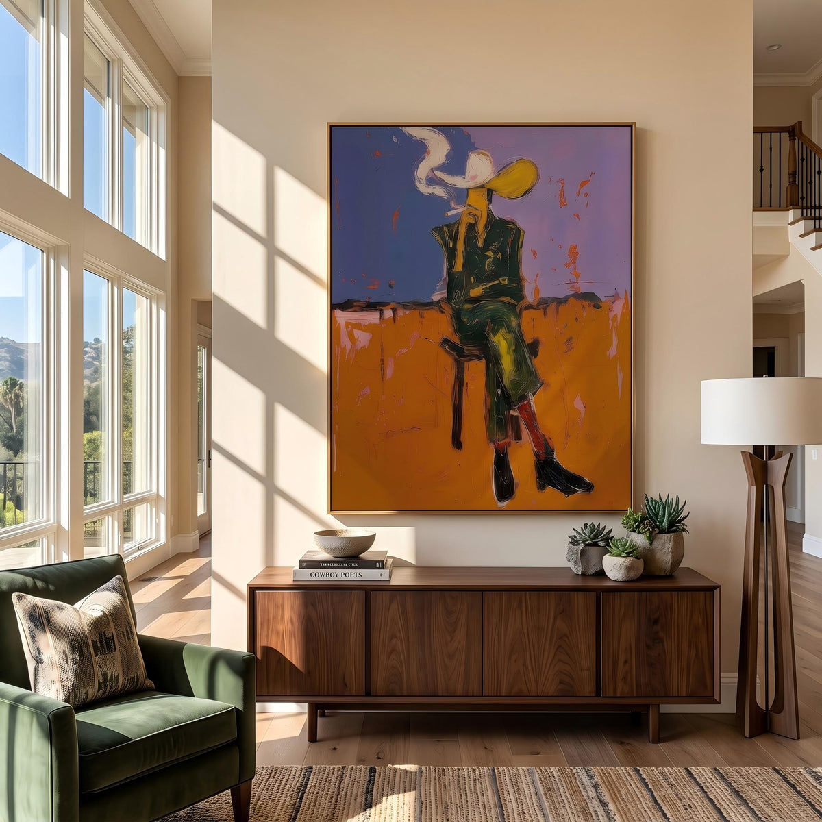 Smoke Rises Past Spurs – Pop Art Smoking Cowboy Painting | Bold Orange Vertical Wall Art