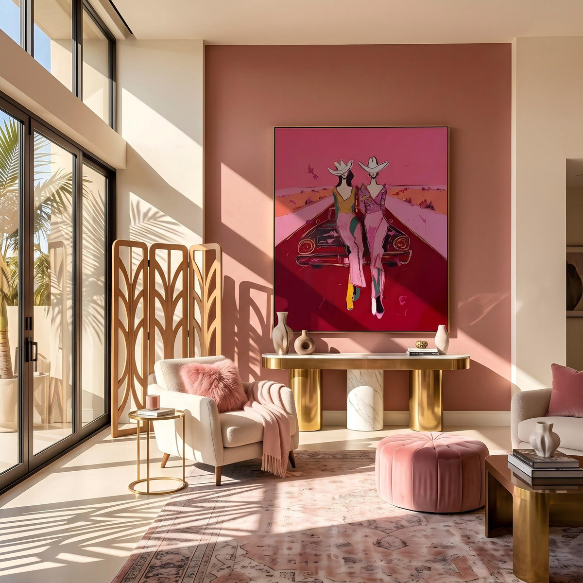 Cowgirls Meet the Horizon – Pop Art Western Friends Painting | Bold Pink Vertical Wall Art