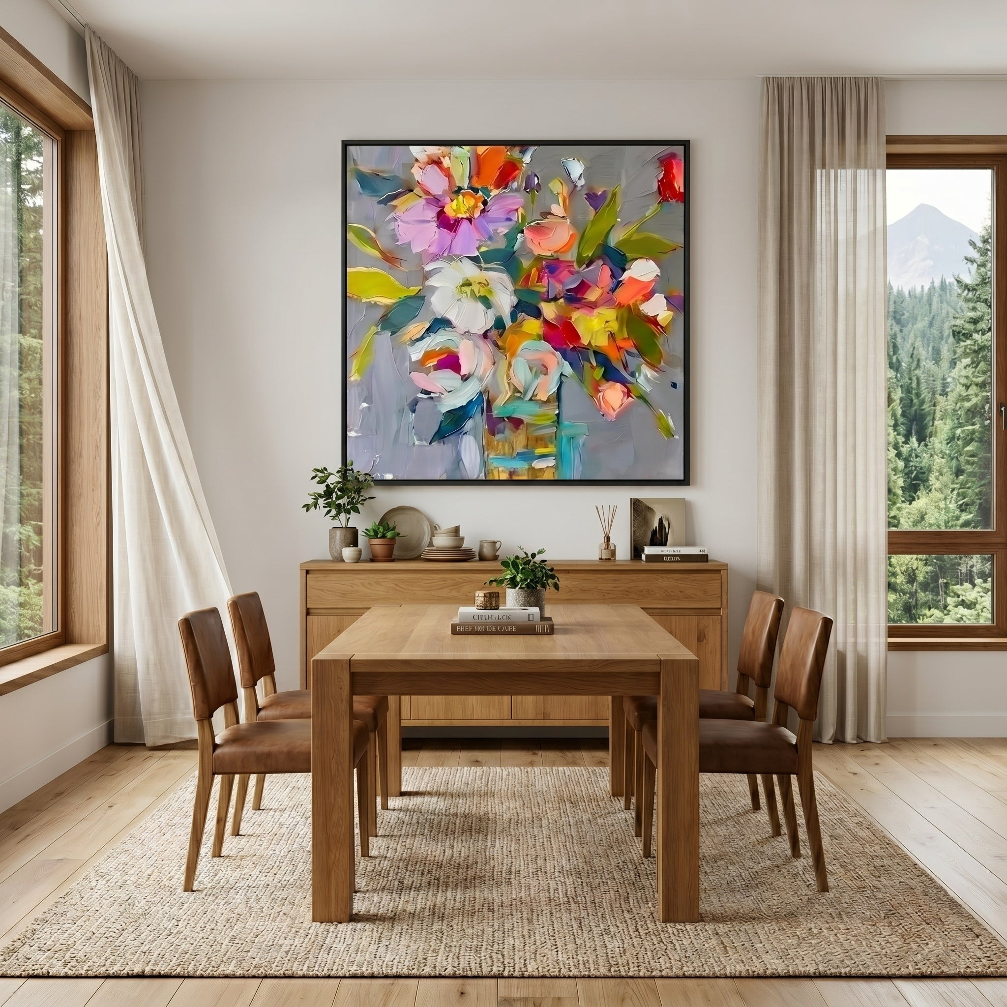 Vibrant Rhapsody – Modern Colorful Abstract Floral Oil Painting | Creative Textured Bedroom Art