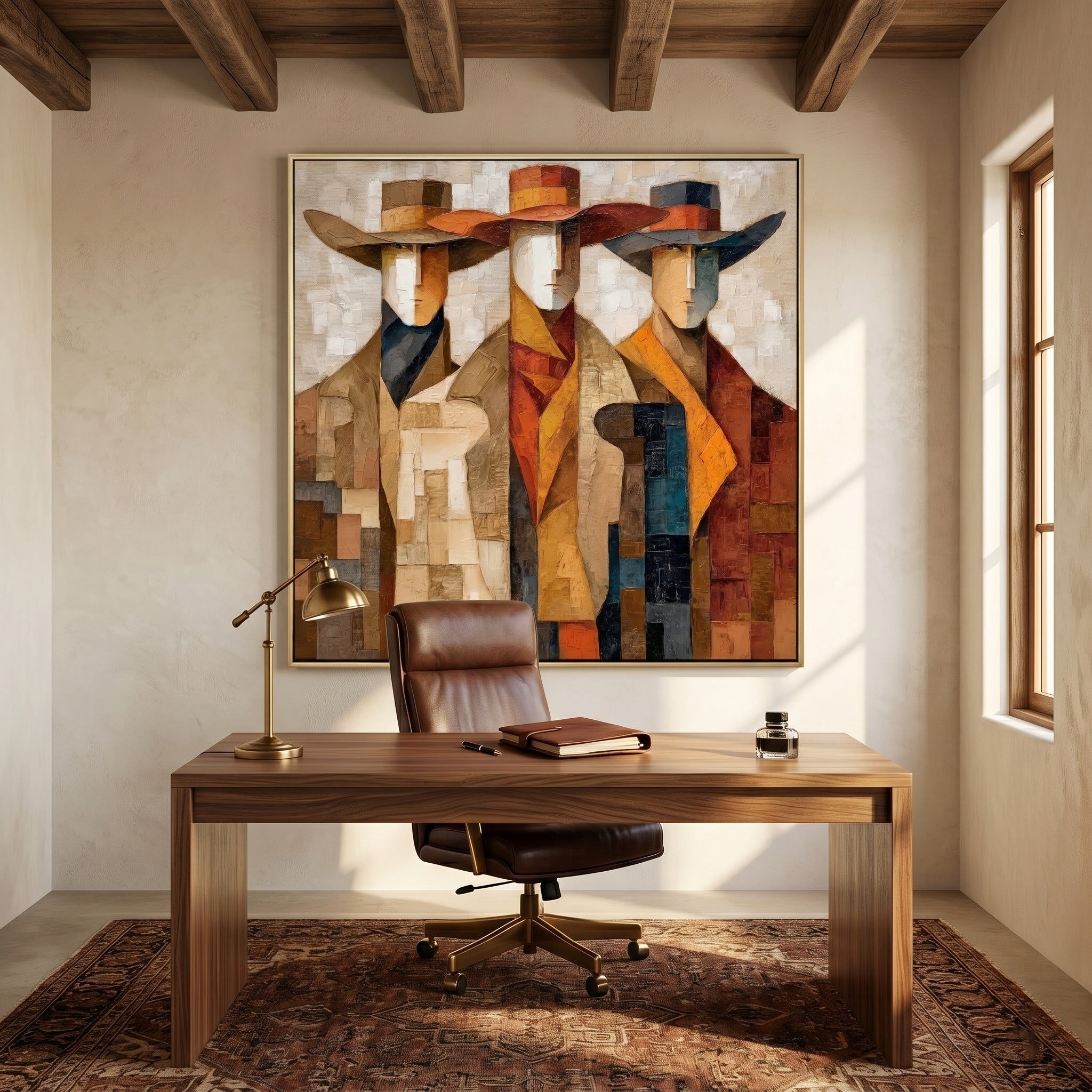 Echoes of the Wild – Modern Cubist Western Figures Oil Painting | Retro Earth Tone Geometric Office Decor