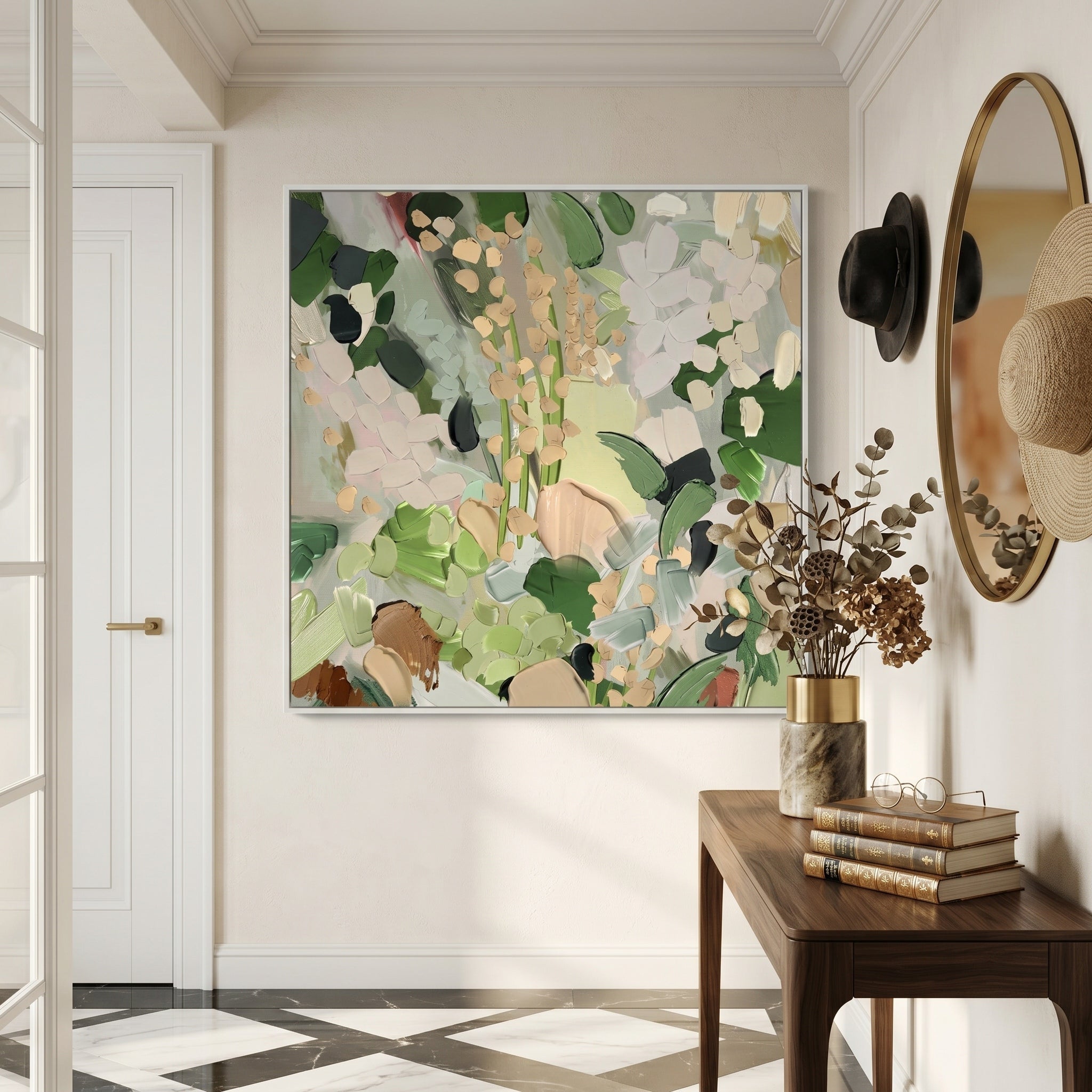 Woodland Serenity – Modern Wabi-Sabi Greenery Impasto Canvas | Minimalist Abstract Entryway Art