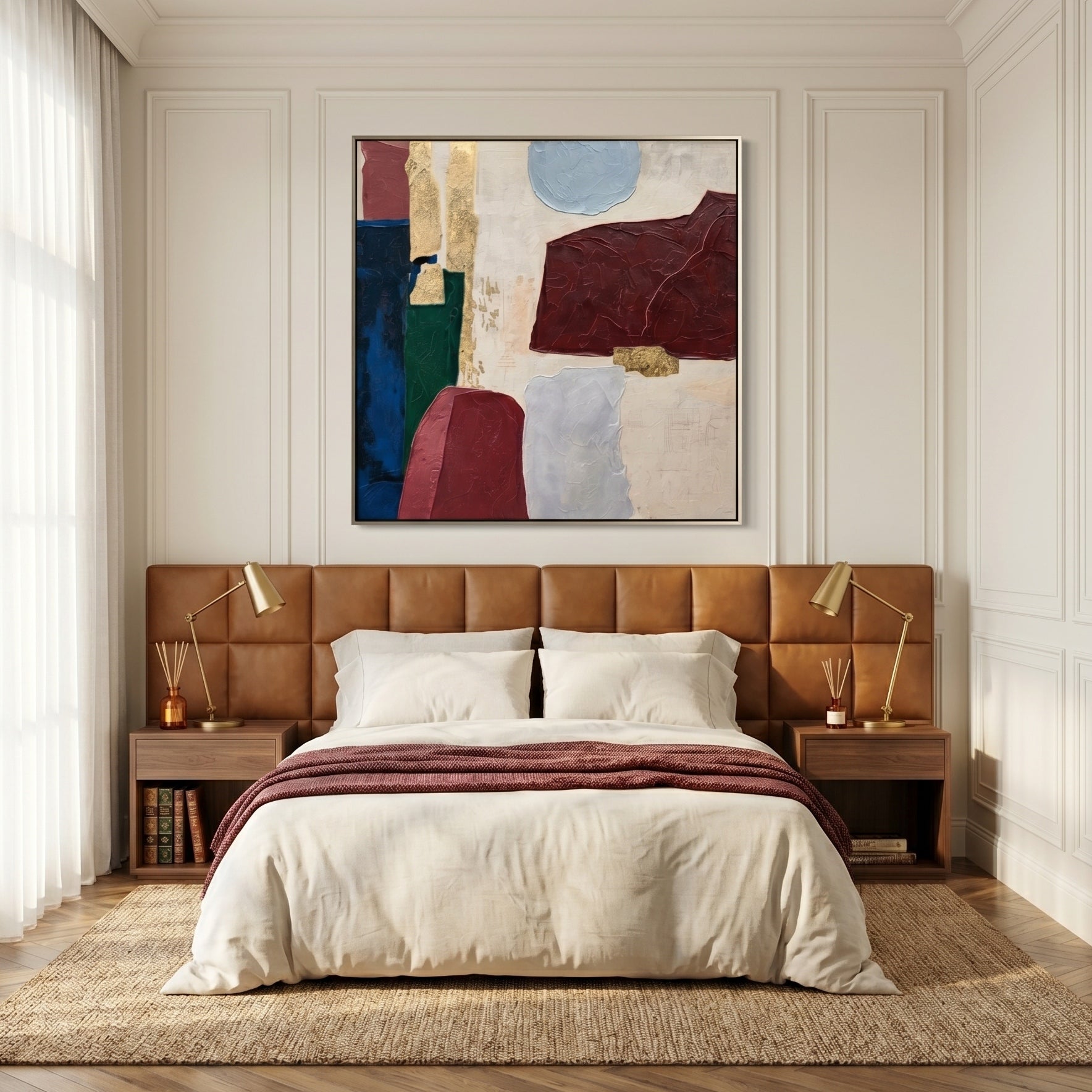 Gilded Epoch – Mid-Century Geometric Plaster Gold Foil Canvas | Luxury Living Room and Office Art