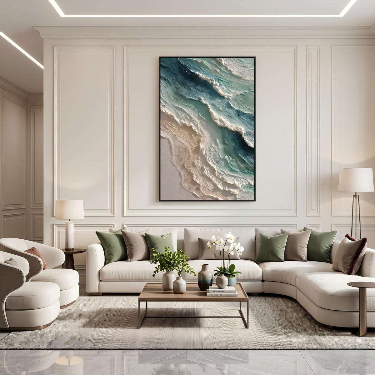 Ocean Crest Meets Sky – Blue Green Coastal Wave Painting | Textured Vertical Wall Art