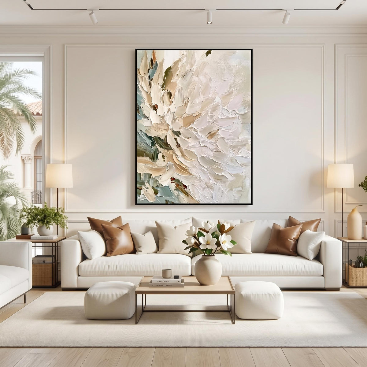 White Petals Catch Light – White Floral Painting | Textured Vertical Wall Art