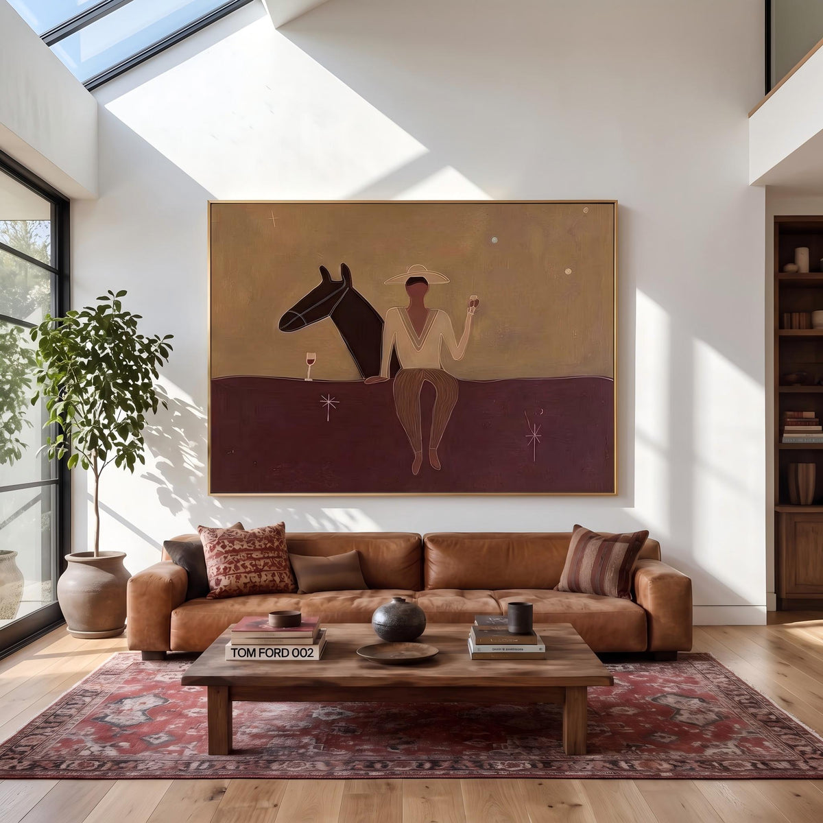Rider Resting on Chestnut – Minimalist Cowboy Horse Painting | Warm Horizontal Western Wall Art