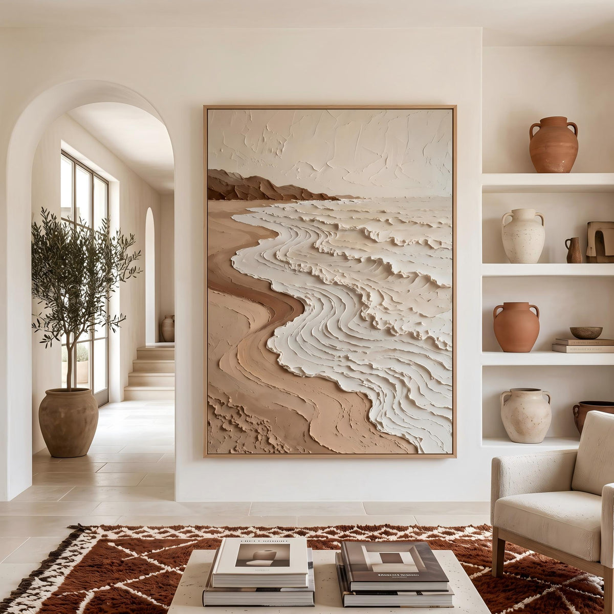 Shorelines Etched in Cream – Neutral Contour Abstract Painting | Textured Vertical Wall Art
