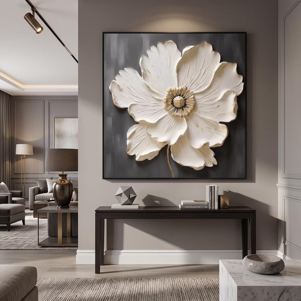 Ivory Blossom Relief – White Gold Floral Painting | Textured Square Wall Art