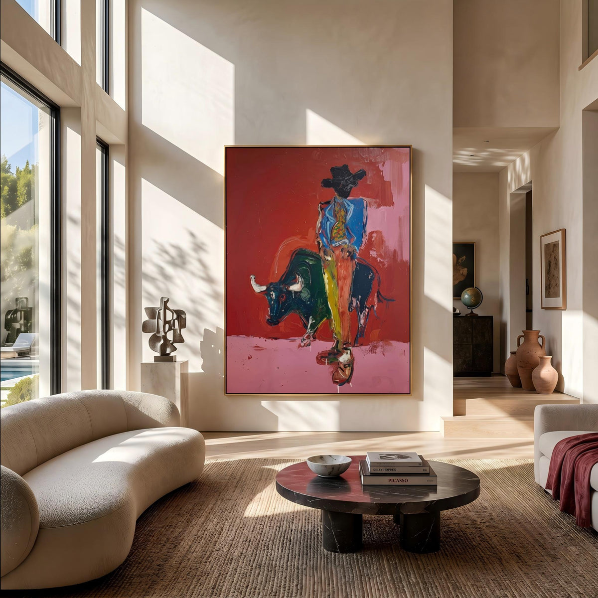 Blue Rider Meets Bull – Pop Art Bull Rider Painting | Bold Pink Vertical Wall Art