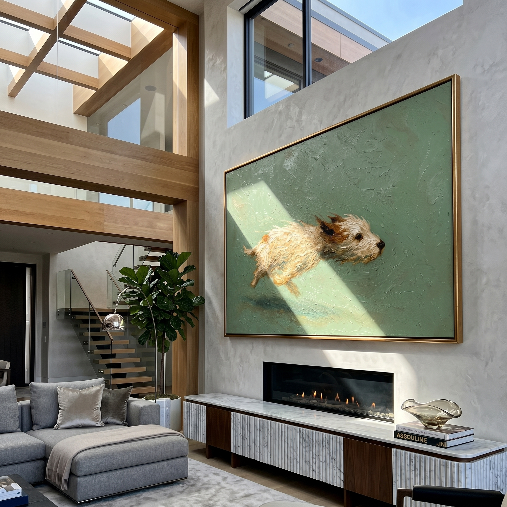 Free Spirit Run – Sage Green Minimalist Impasto Dog Oil Painting | Modern Cozy Pet Theme Hallway Art