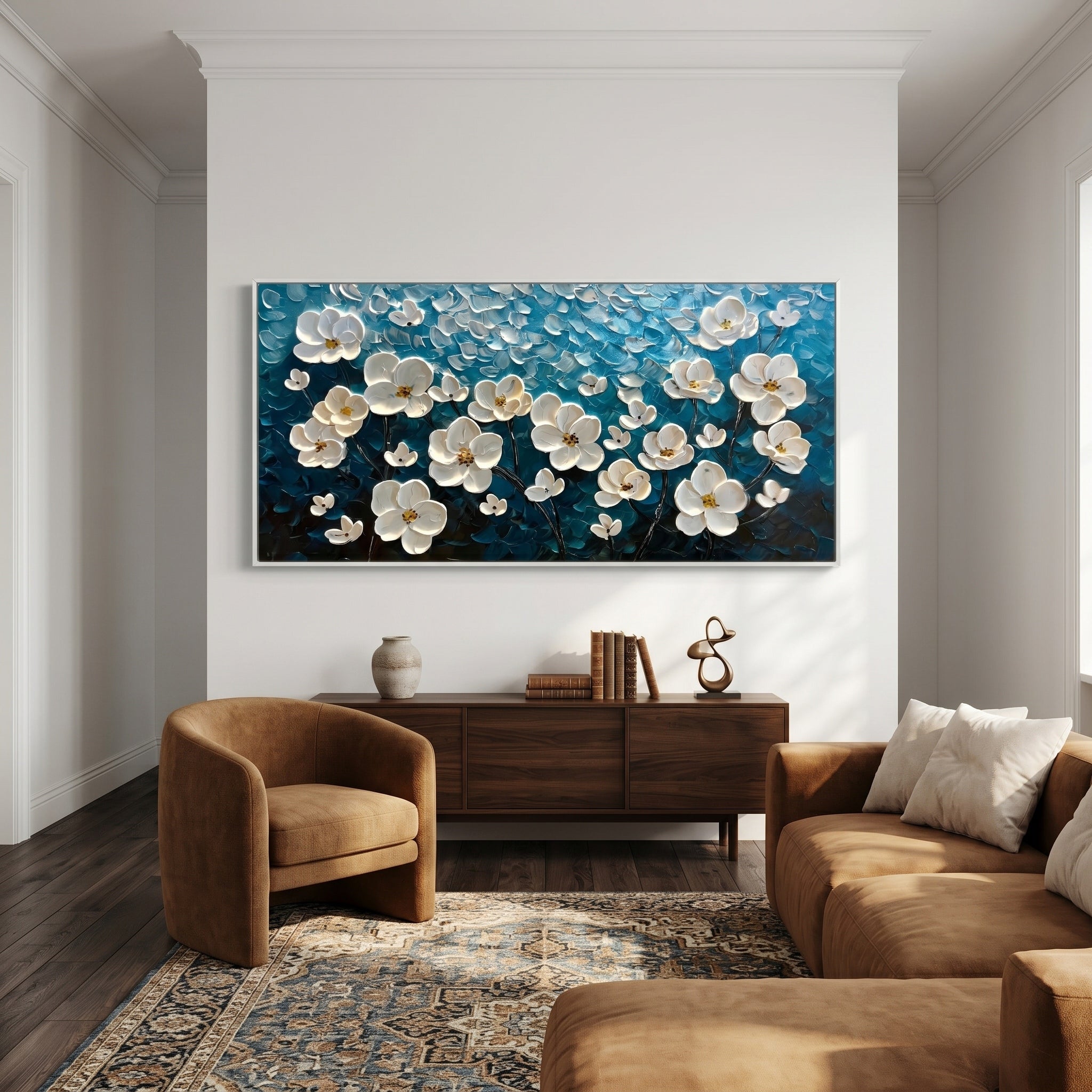 Lunar Serenity – Modern 3D Impasto Teal & White Floral | Minimalist Horizontal Living Room Wall Art