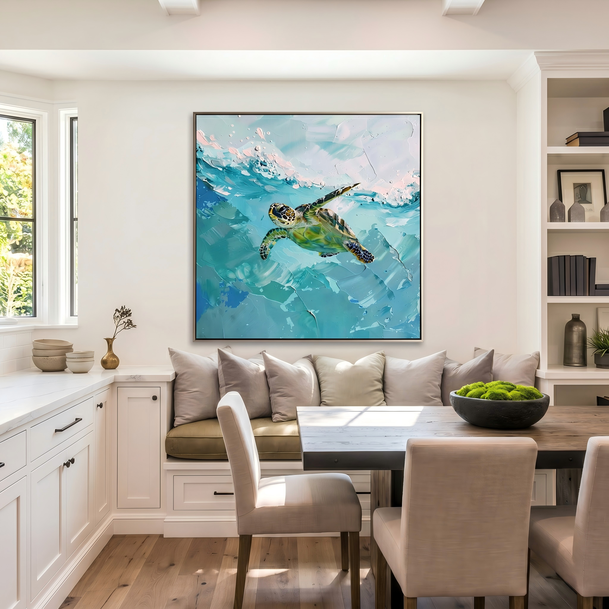Azure Voyager – Modern 3D Heavy Impasto Sea Turtle Oil Painting | Ocean Themed Textured Hallway Decor