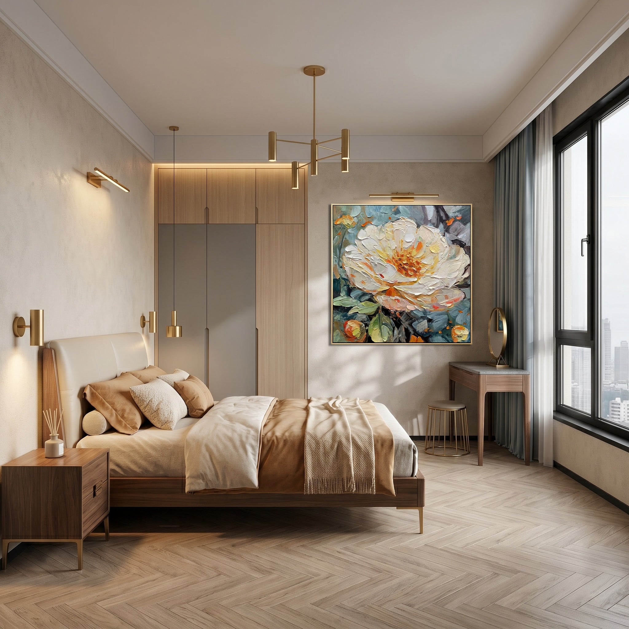 Midnight Bloom – Modern Impasto Slate Blue and White Peony Canvas | Retro-Elegant Bedroom Wall Decor