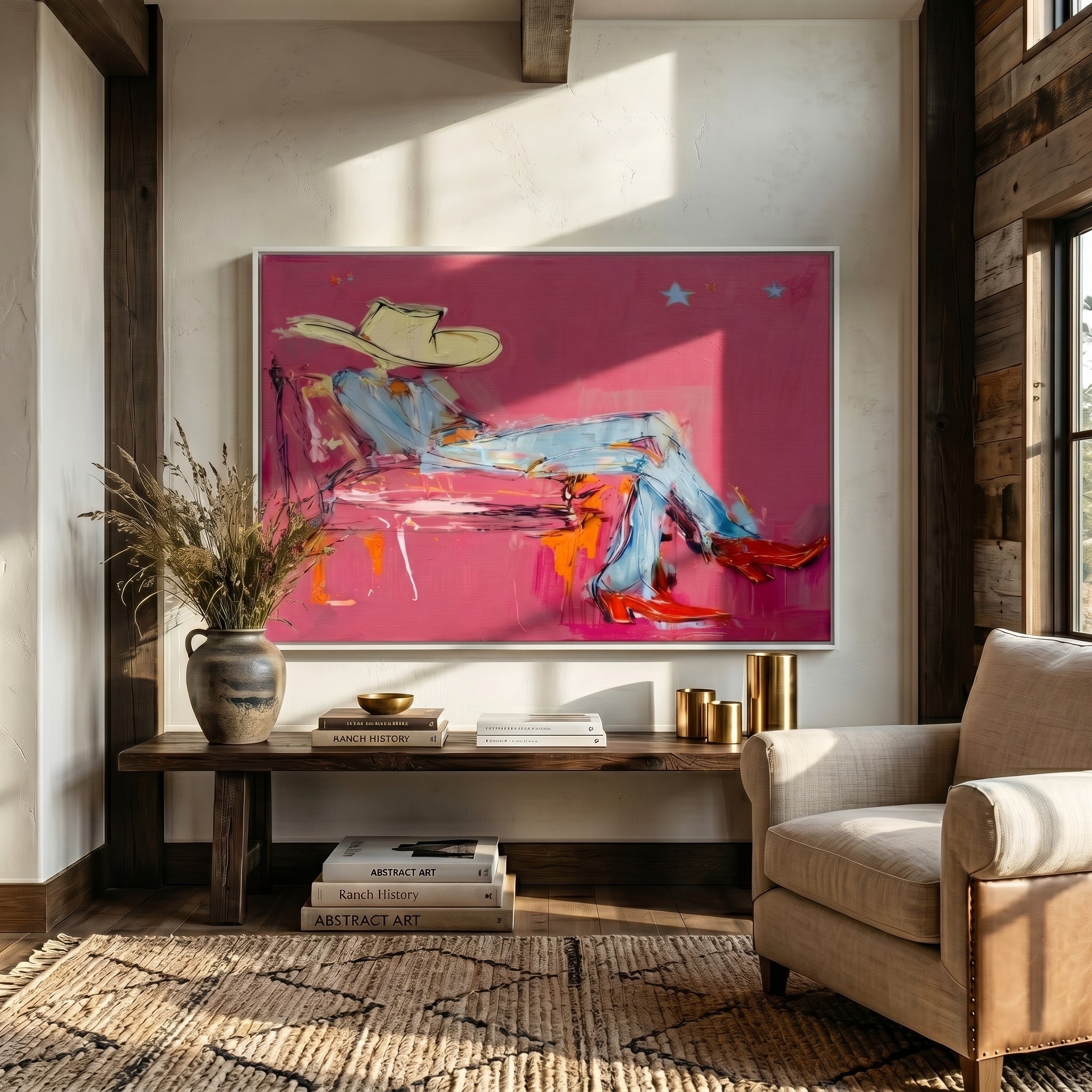 Neon Midnight Rider – Pop Art Pink Cowboy & Red Boots Painting | Avant-Garde Eclectic Living Room Art