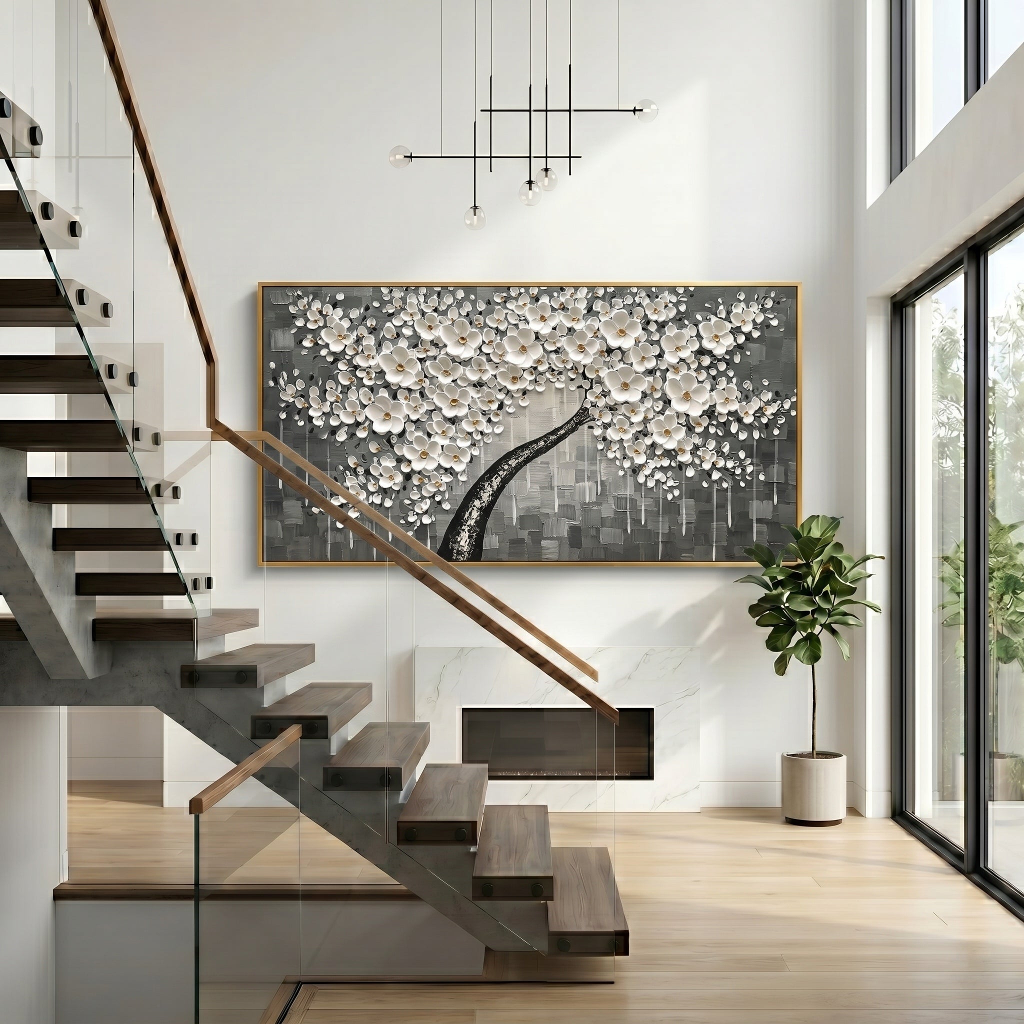 Alabaster Serenade – Modern Ash Grey Impasto White Flower Tree | Minimalist Wabi-Sabi Living Room Art