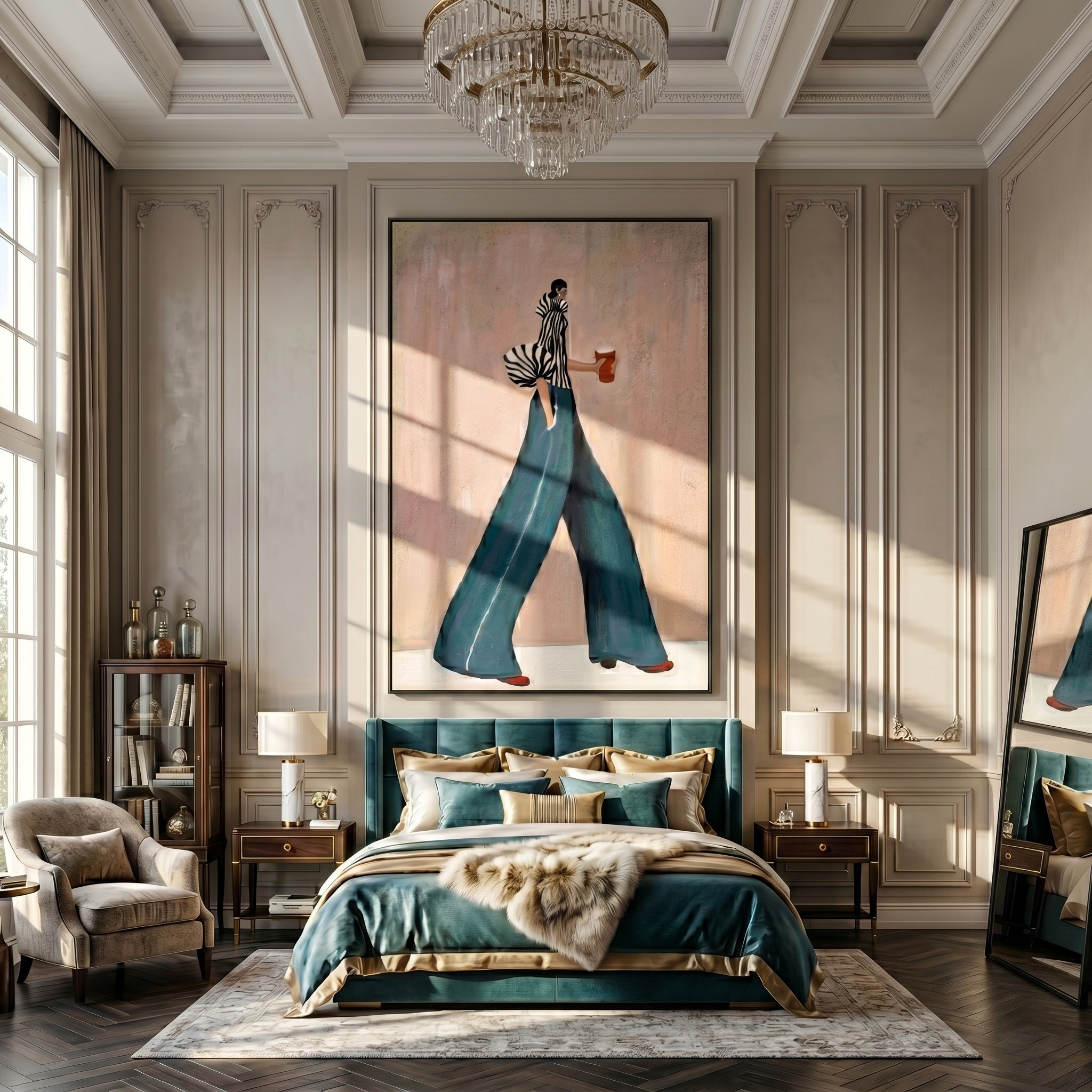 The Urban Stride – Avant-Garde Zebra Striped & Teal Figures Painting | Chic Dusty Pink Living Room Art