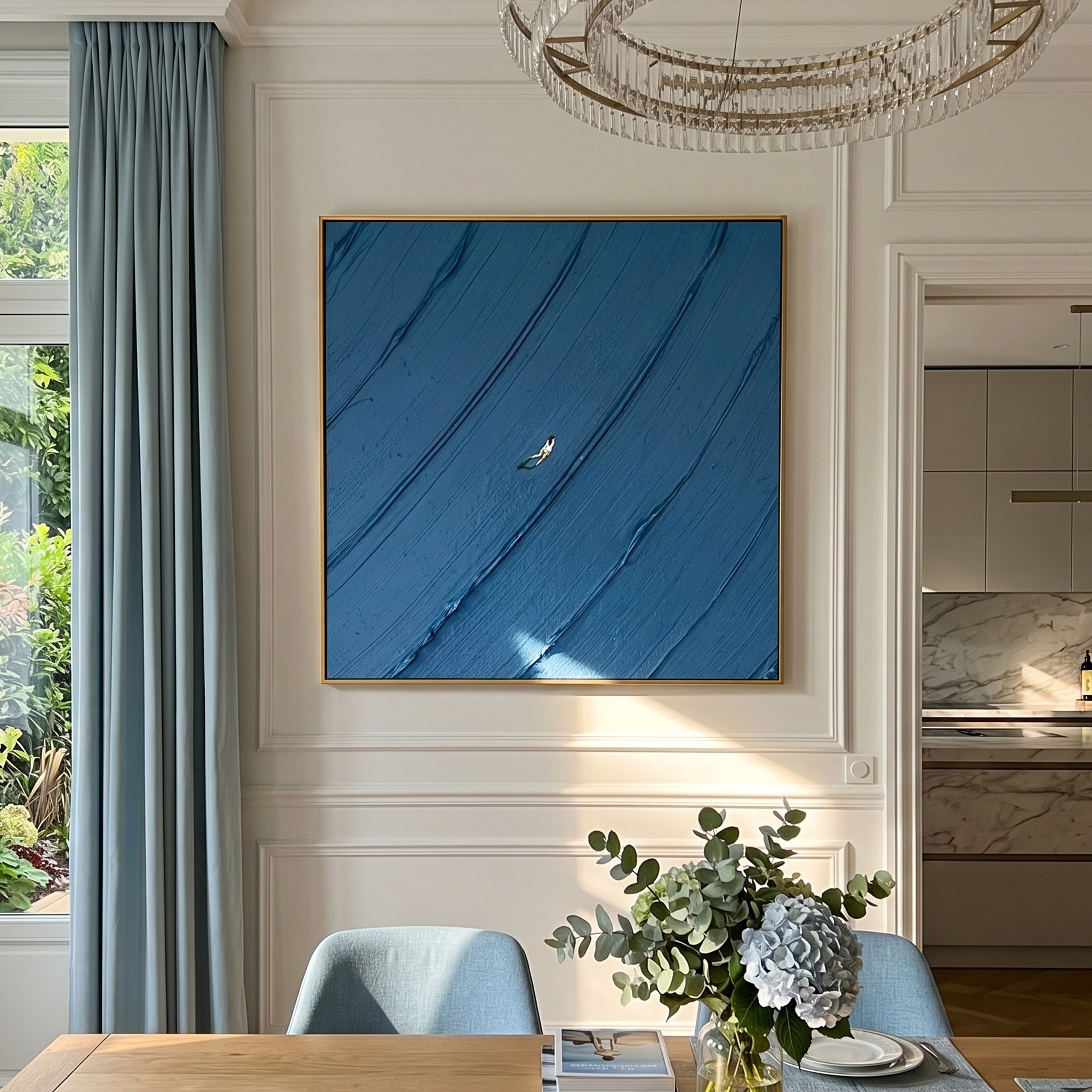 DEEP SEA ECHO – Minimalist Abstract Painting of Deep Ocean Blue | Modern Nordic-style Bedroom Art