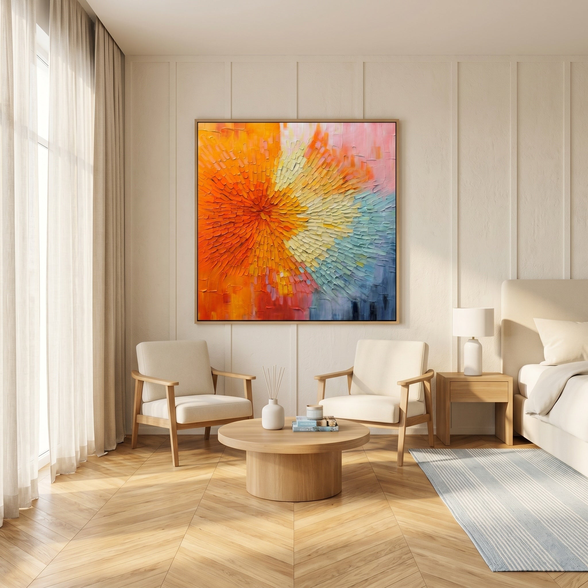 Radiant Flare – Modern Heavy Impasto Centripetal Abstract Oil Painting | Creative Vibrant Hallway Art