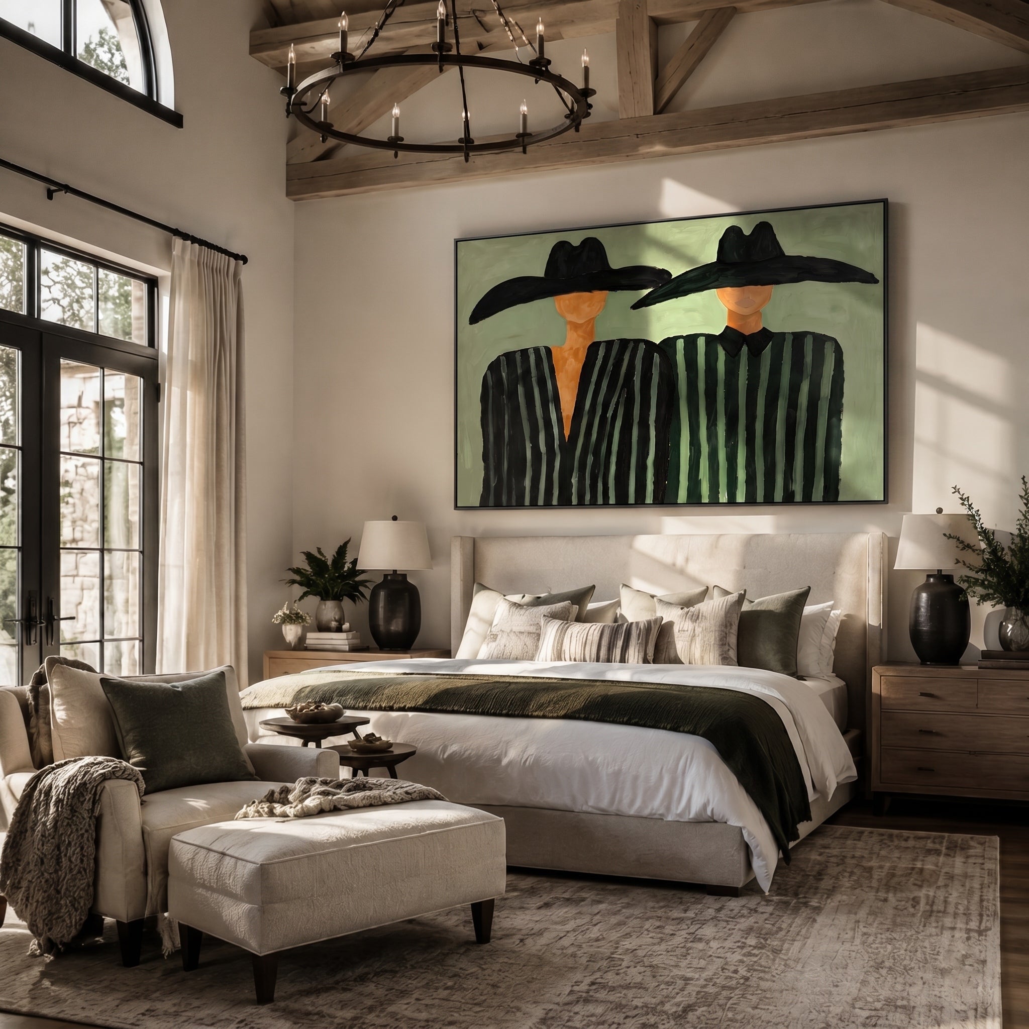 The Sage Echo – Modernist Sage Green Striped Figures Painting | Minimalist High-End Entryway Art