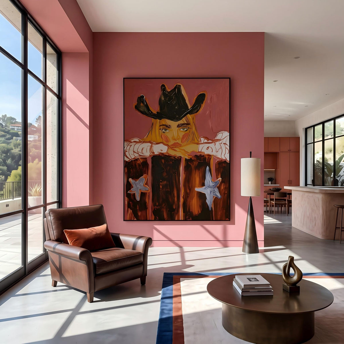 Cowboy Leans Through Sunset – Pop Art Western Figure Painting | Warm Red Vertical Wall Art