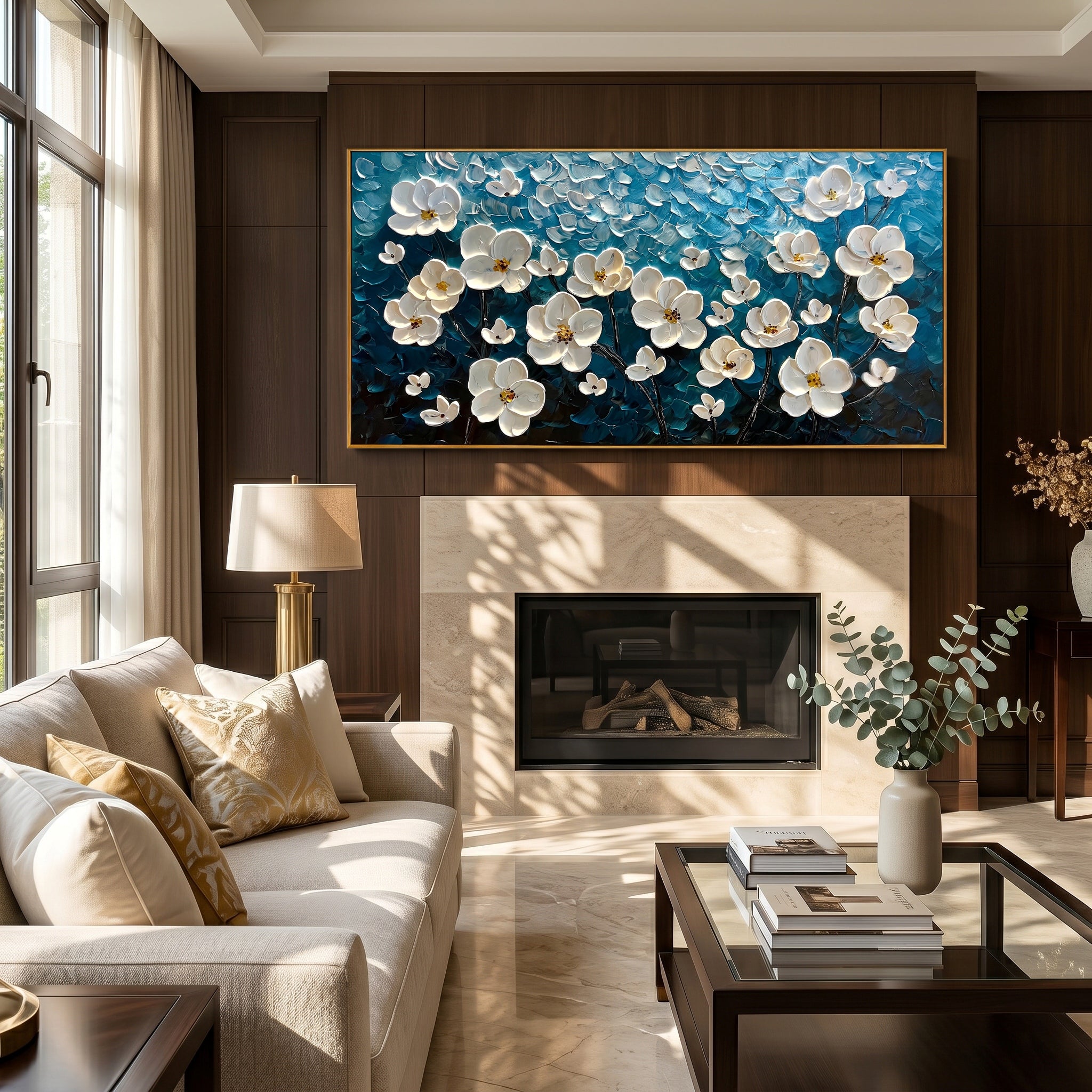Lunar Serenity – Modern 3D Impasto Teal & White Floral | Minimalist Horizontal Living Room Wall Art