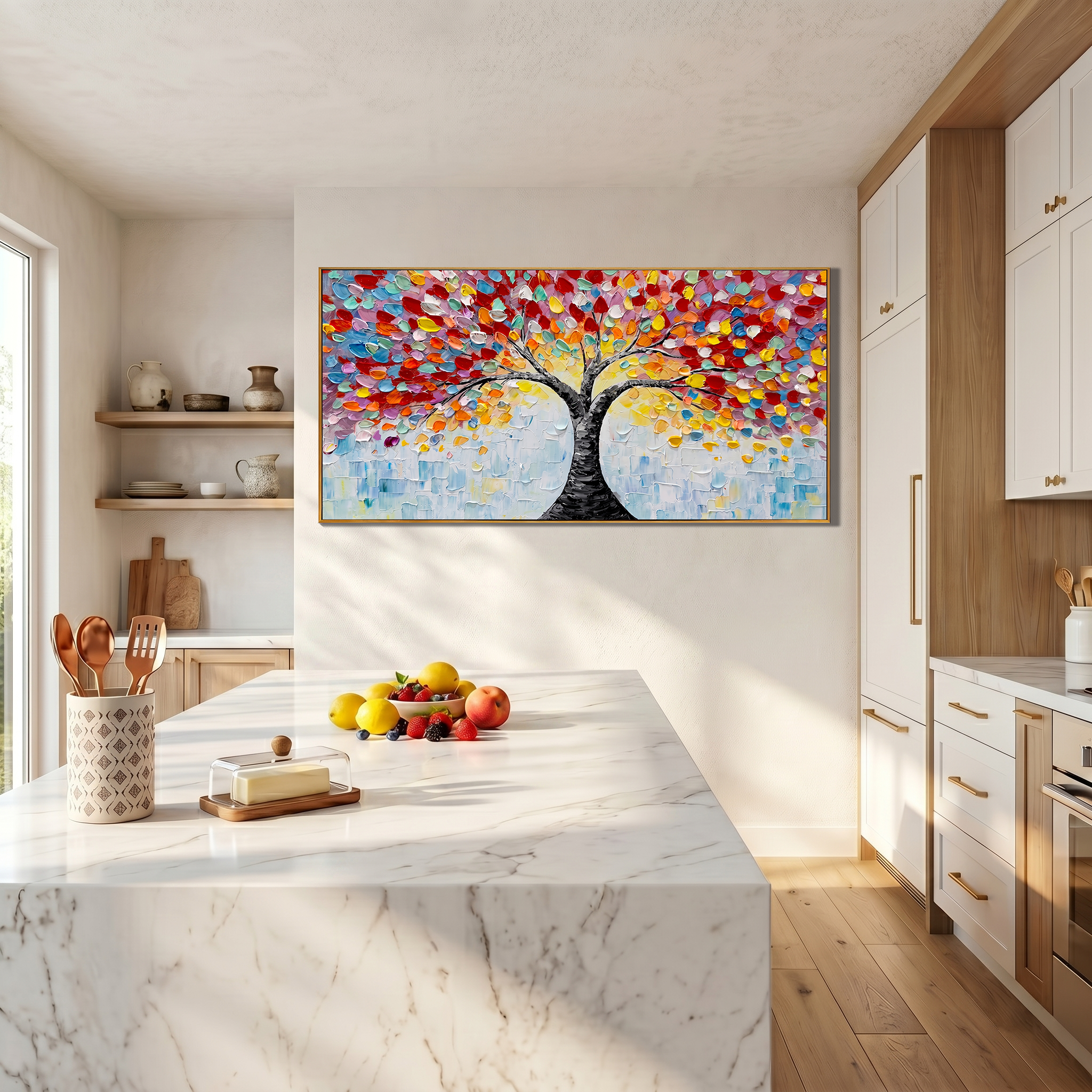 Rainbow Canopy – Modern Impasto Tree of Life Oil Painting | Vibrant Textured Panorama Living Room Art