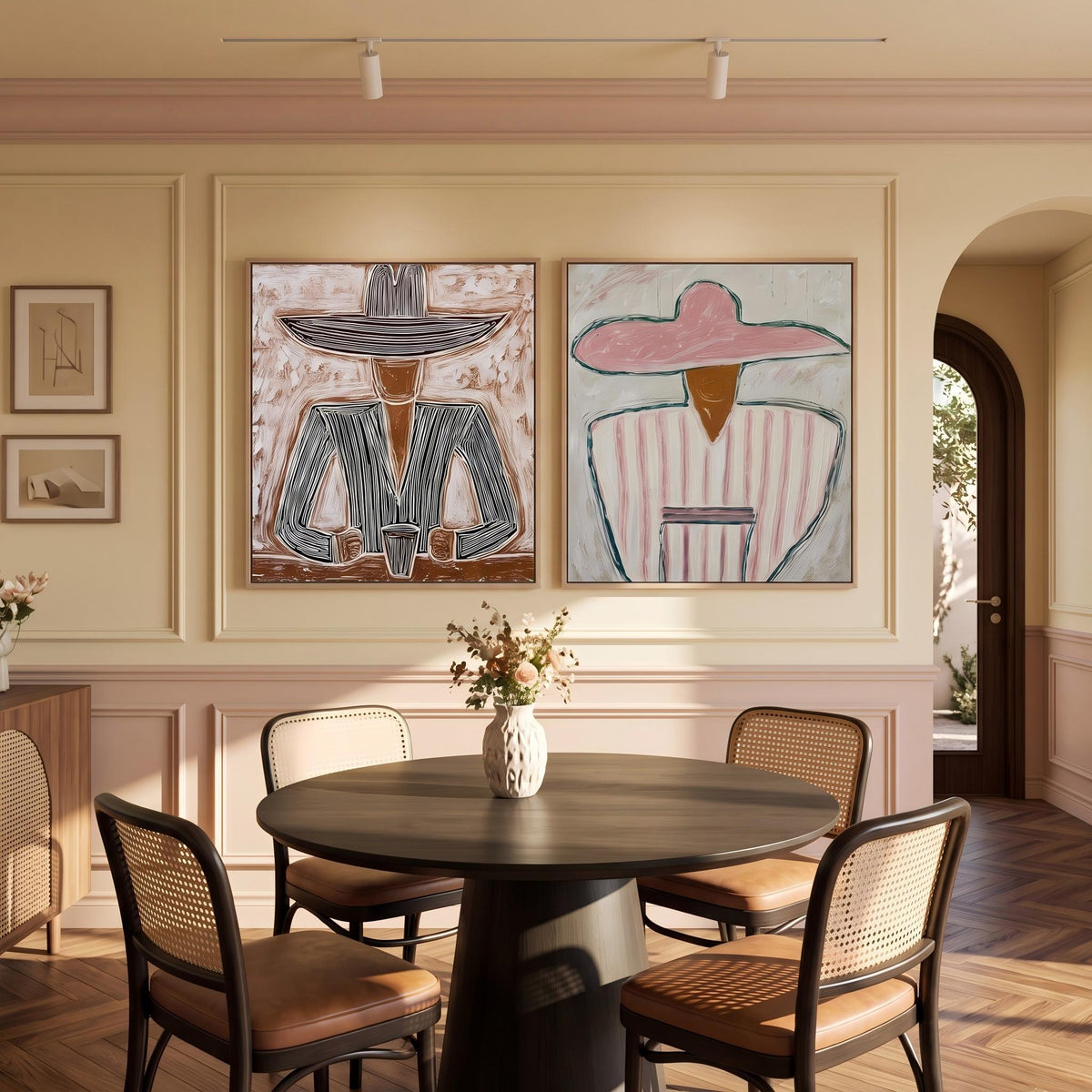 Striped Hats Face West – Cowboy and Cowgirl Diptych | Vintage Americana Square Wall Art