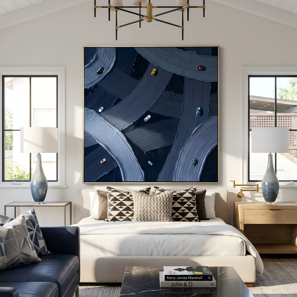 Urban Pulse – Impasto Highway Miniature Car Abstract Canvas | Modern Industrial Office Wall Art