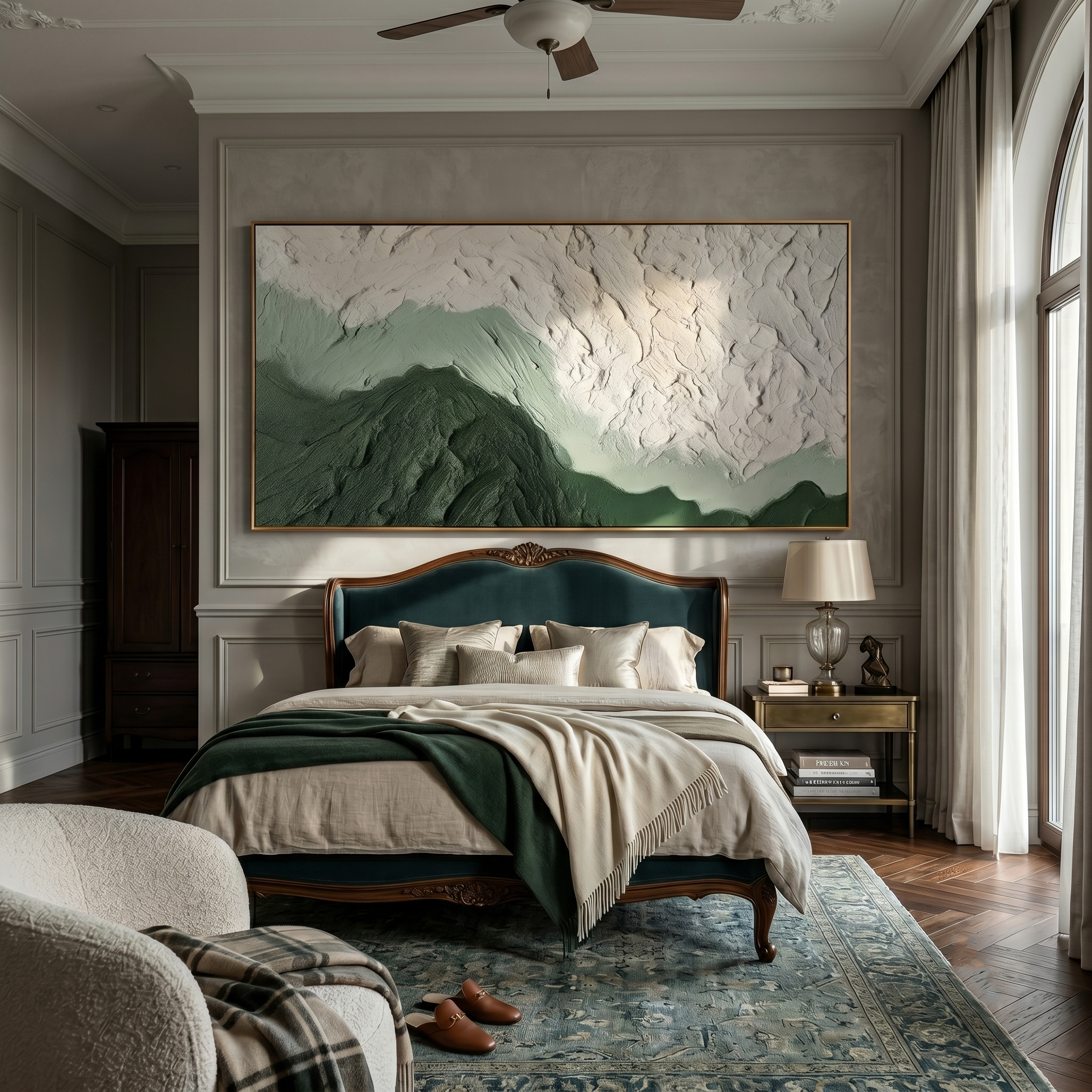 Verdant Ridges – Modern Organic Mountain Textured Art | Panoramic Sage Green Living Room Art