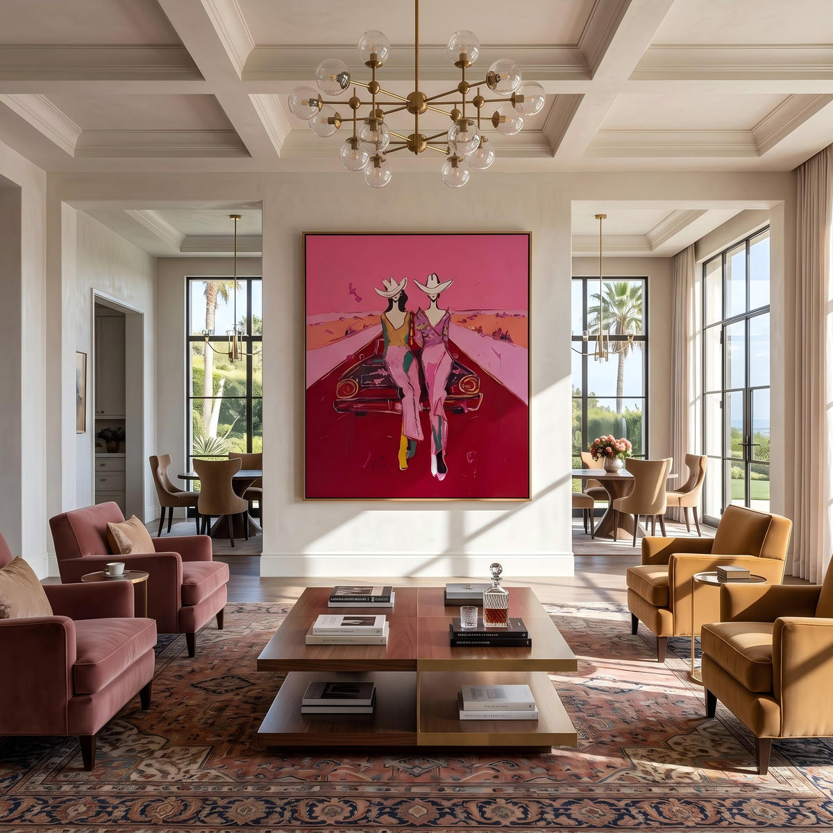 Cowgirls Meet the Horizon – Pop Art Western Friends Painting | Bold Pink Vertical Wall Art