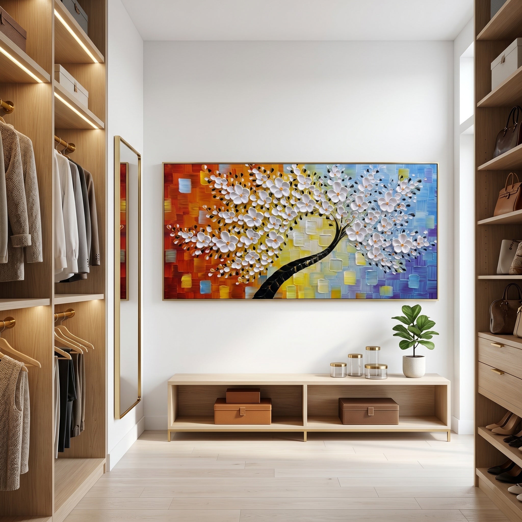 Dance of Life – Modern Textured Impasto Flower Tree | Artful Warm-Cool Contrast Entryway Wall Art