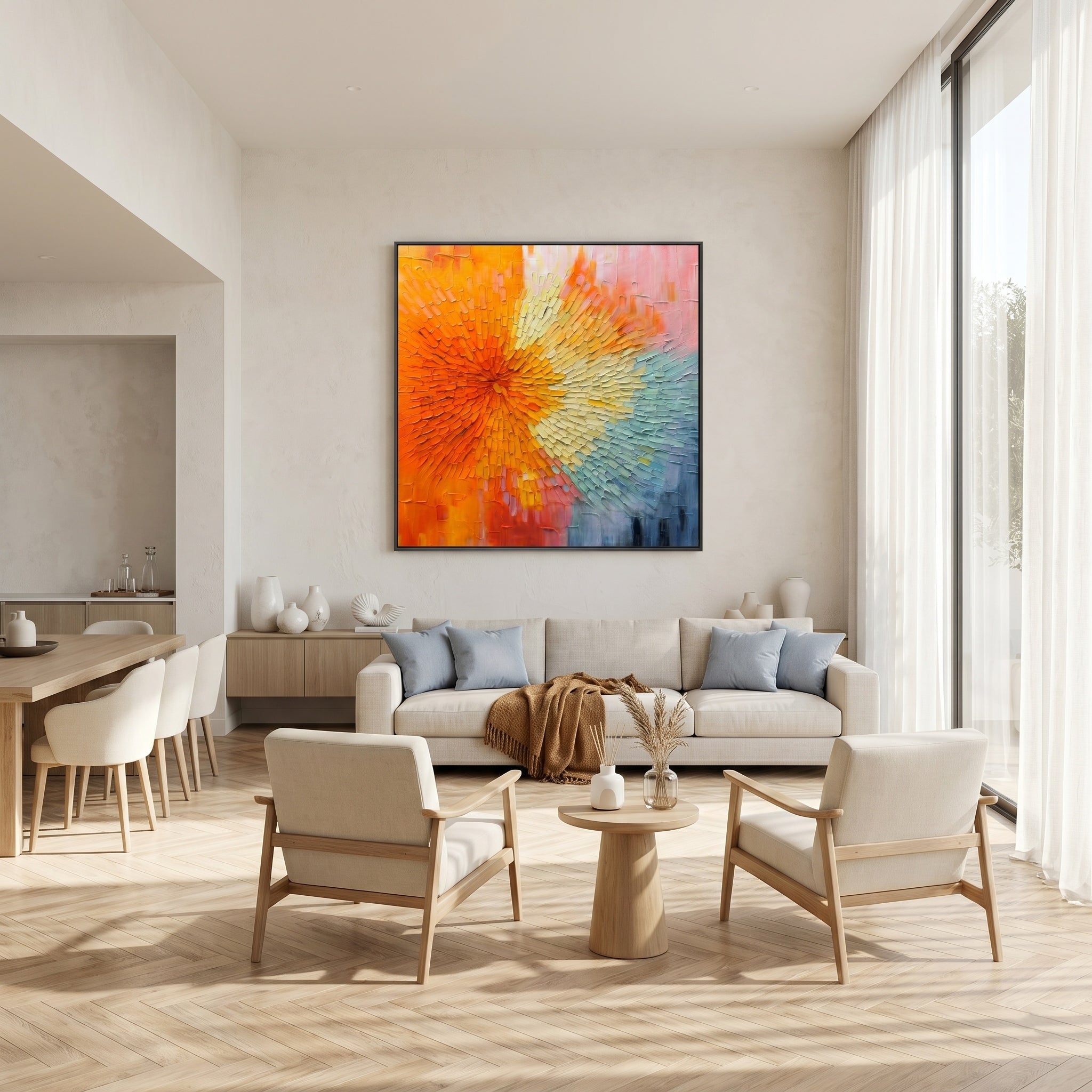 Radiant Flare – Modern Heavy Impasto Centripetal Abstract Oil Painting | Creative Vibrant Hallway Art