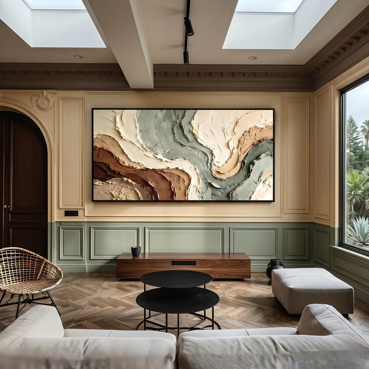 Earth Currents Unfold – Green Brown Layered Abstract Painting | Wabi-Sabi Horizontal Wall Art