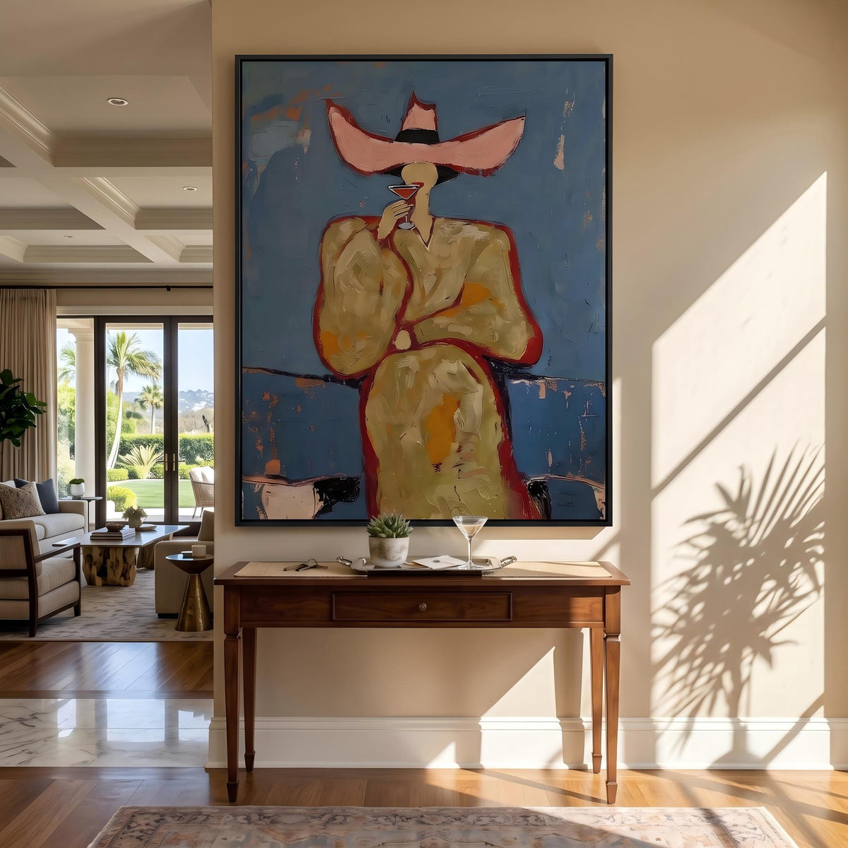 Midnight Hat Rides Tall – Pop Art Western Woman Painting | Blue Vertical Wall Art