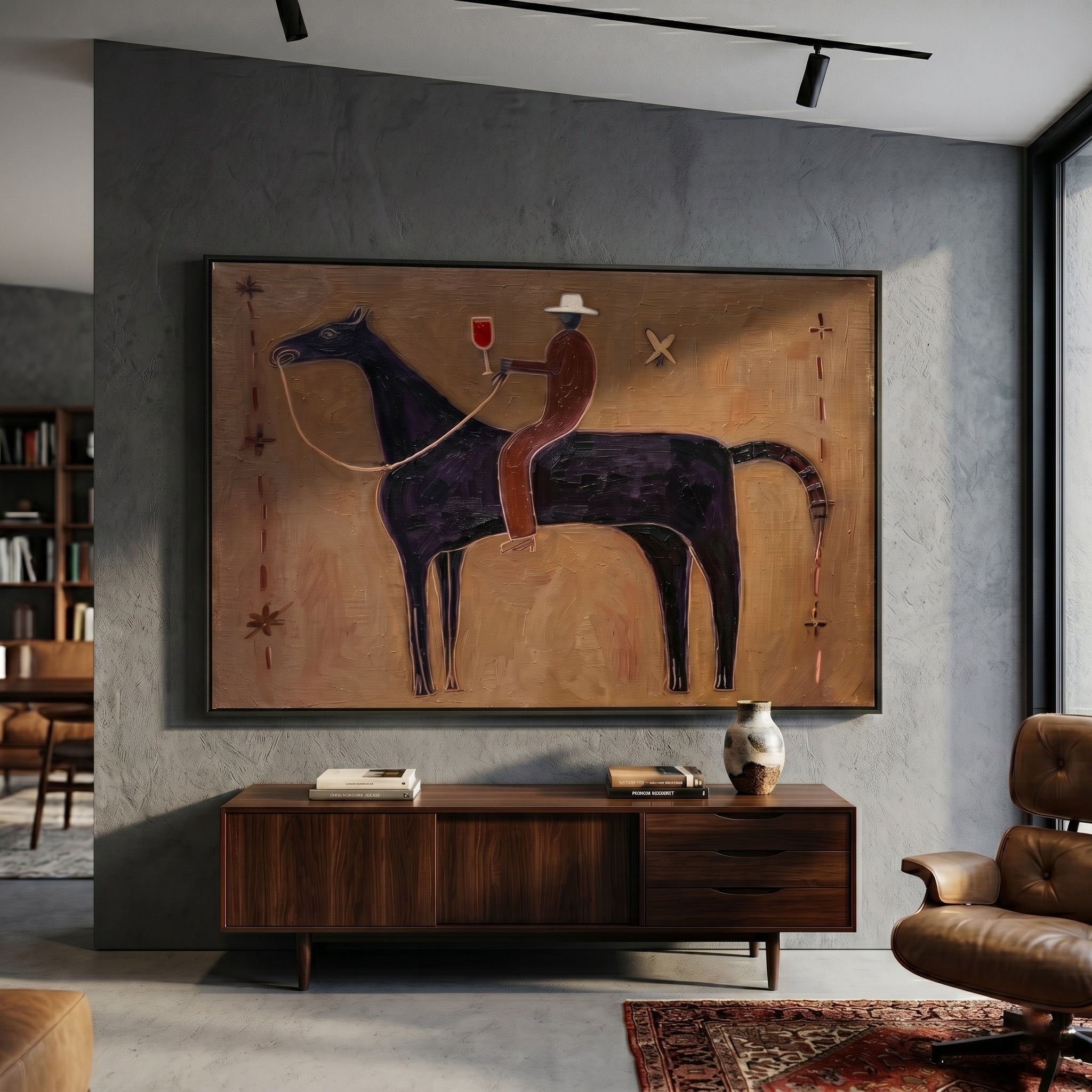 The Midnight Toast – Primitivism Cowboy & Horse Painting | Rustic Modernist Living Room Art