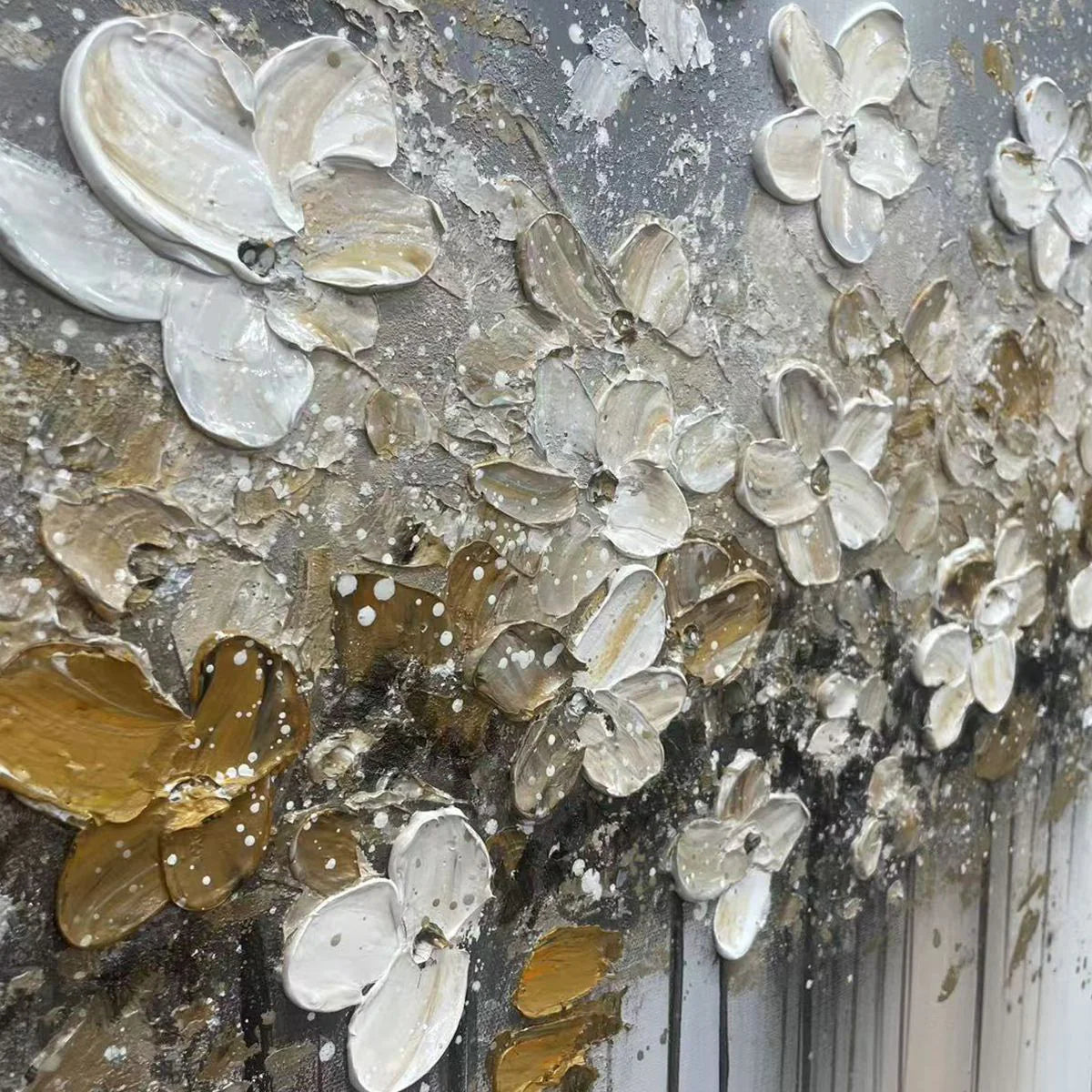 GOLDEN ELEGANCE: Floral Wall Art, luxury Gold Foil White Blossom Hand-Painted Textured Gallery Art