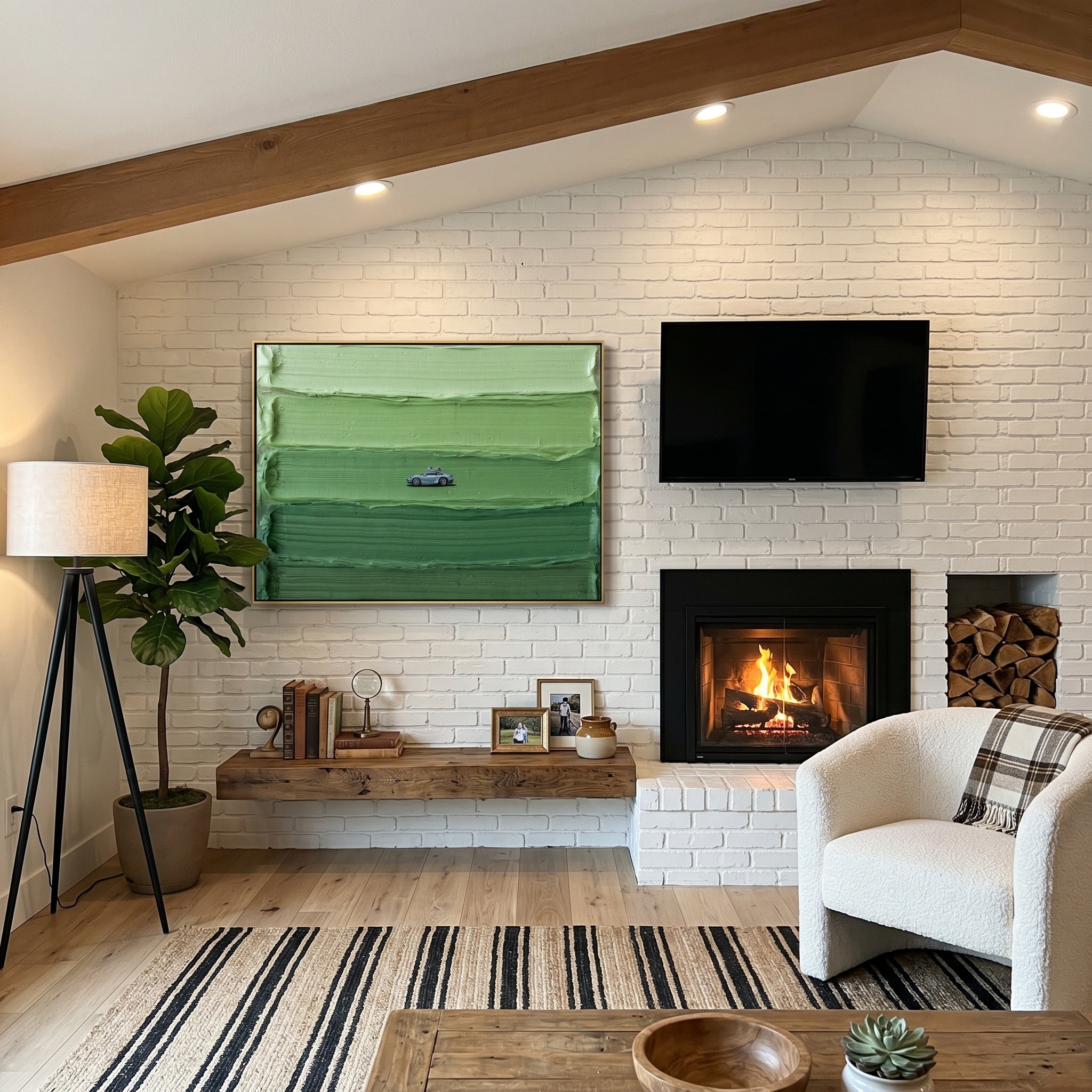 The Green Horizon – Modern Minimalist Classic Car Oil Painting | Heavy Impasto Textured Office Decor