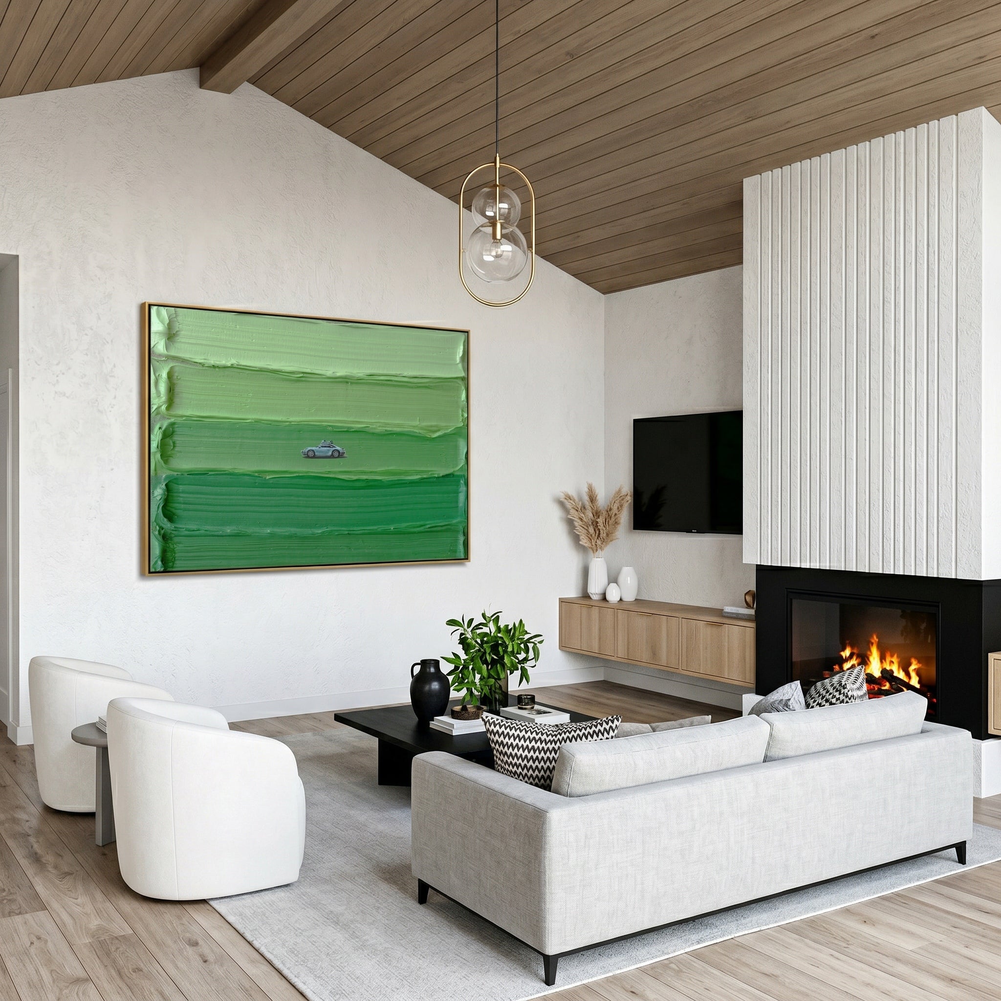 The Green Horizon – Modern Minimalist Classic Car Oil Painting | Heavy Impasto Textured Office Decor