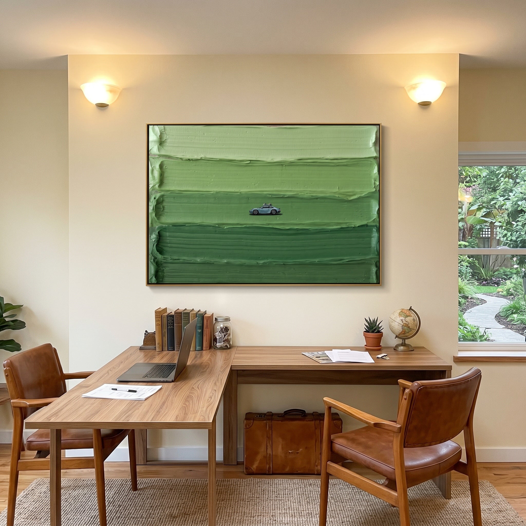 The Green Horizon – Modern Minimalist Classic Car Oil Painting | Heavy Impasto Textured Office Decor