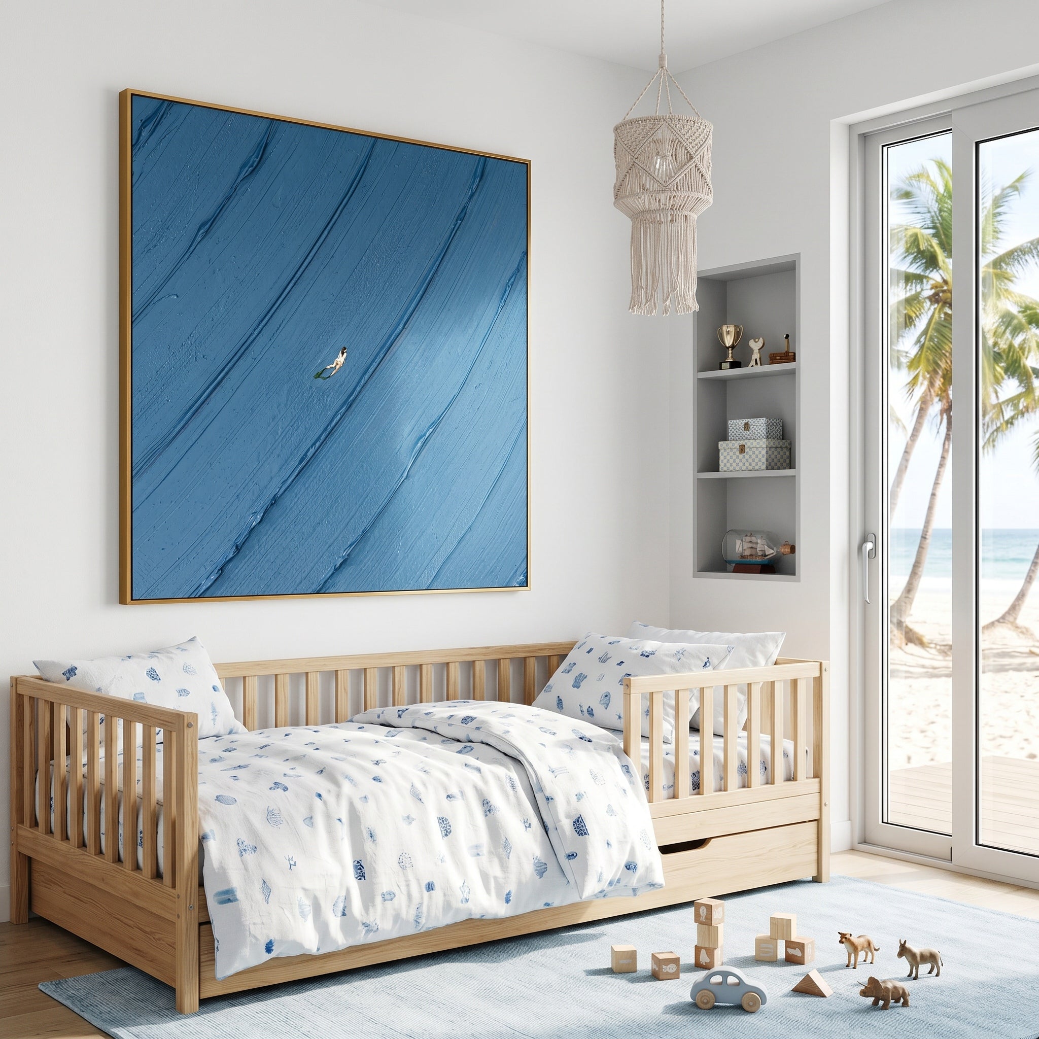 DEEP SEA ECHO – Minimalist Abstract Painting of Deep Ocean Blue | Modern Nordic-style Bedroom Art