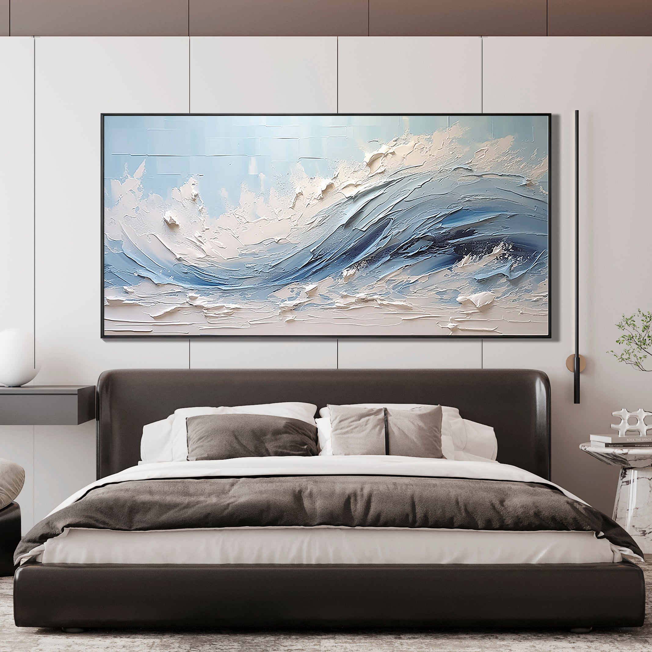 Sky Tide – Hand-Painted Sky Blue Ocean Wave Plaster Relief Seascape Painting | Coastal Modern Living Room & Bedroom Art
