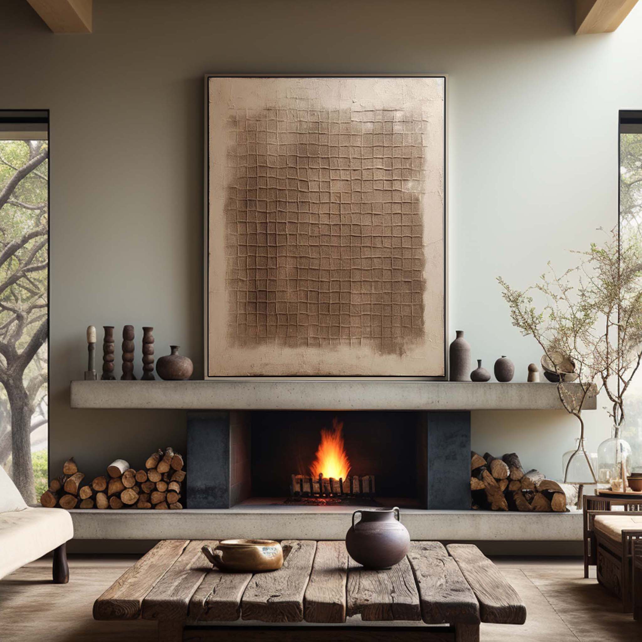 Ancient Texture – Earthy Tone Plaster Relief Grid Wabi-Sabi Painting | Japandi Organic Wabi-Sabi Living Room & Hallway Art