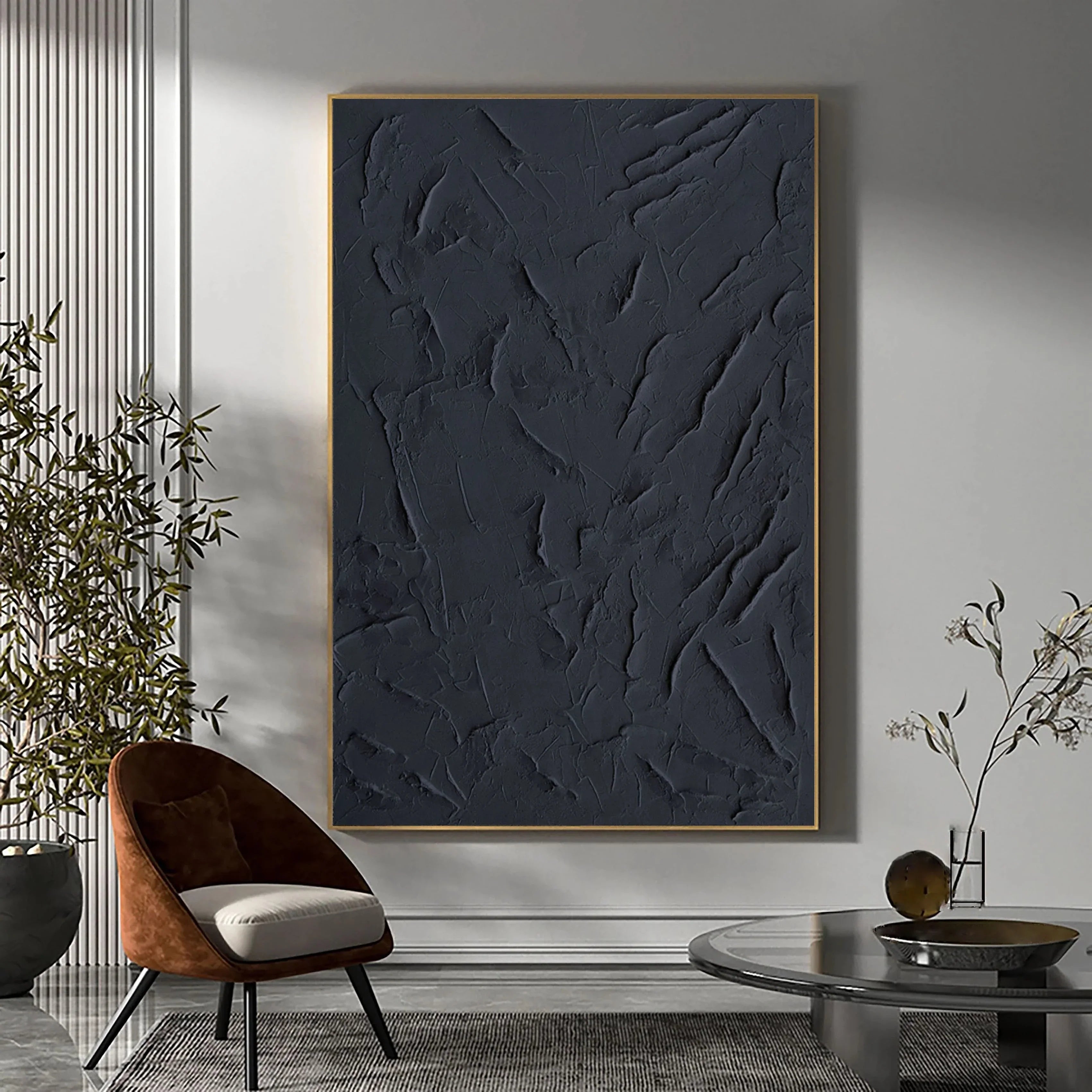 Onyx Silence – Minimalist Deep Black Abstract Plaster Relief Painting | Minimalist Sculpted Plaster Studio Art