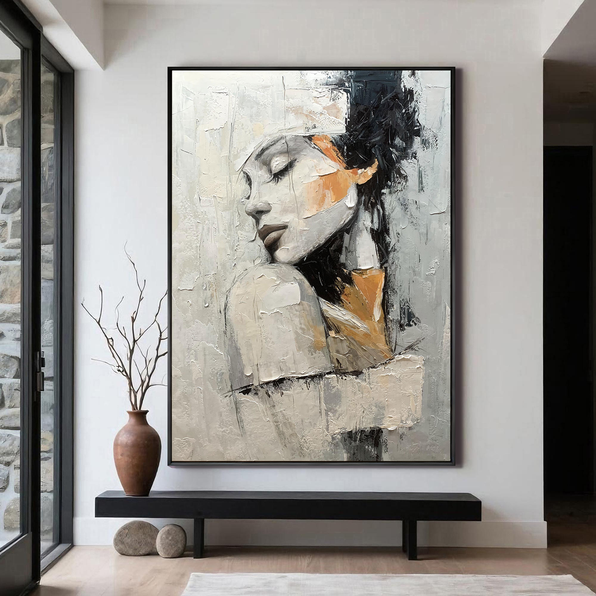 Silent Contemplation – Modern Luxury Expressionist Portrait Textured Painting | Premium Gray Bedroom Art
