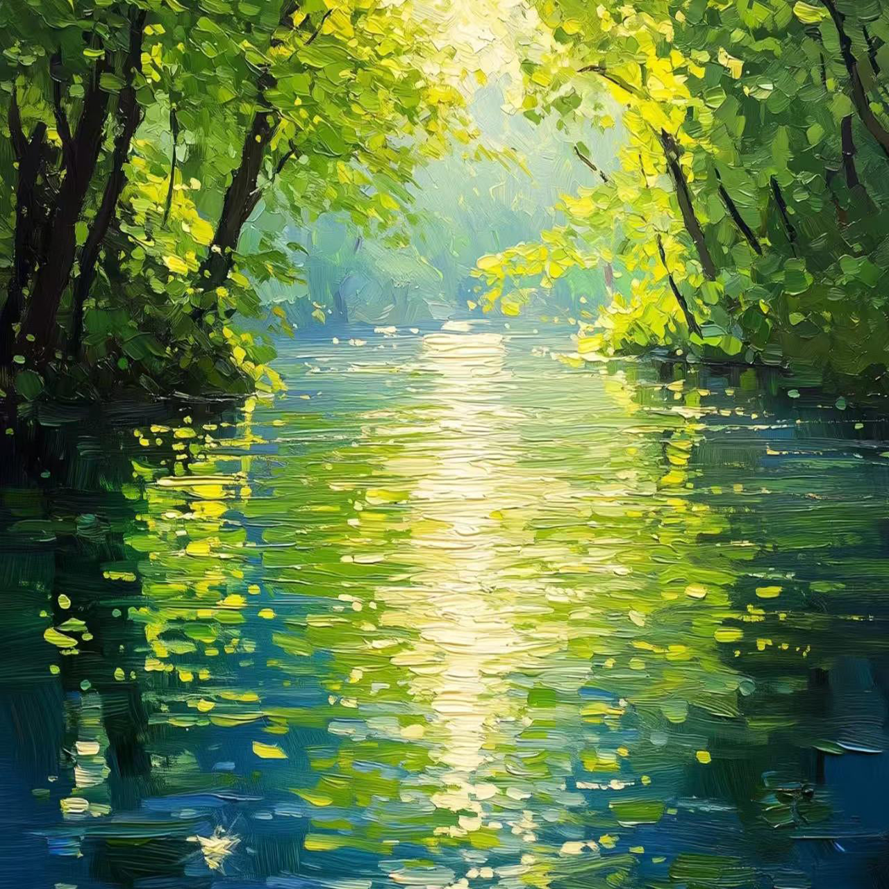 VERDANT FLOW: Landscape Wall Art, Hand-Painted Impressionist Forest River Scenery Textured Oil Painting