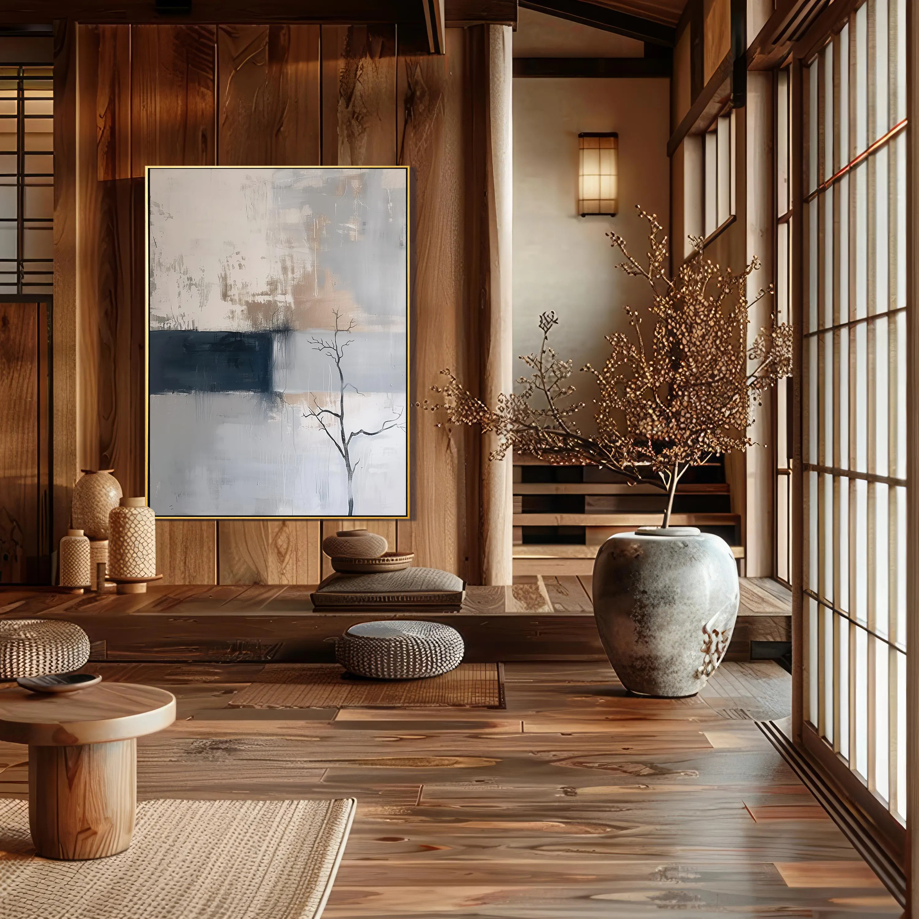 Silent Branch – Modern Neutral Grey & Sand Textured Canvas Wabi-Sabi Painting | Japandi Organic Wabi-Sabi Living Room & Hallway Art